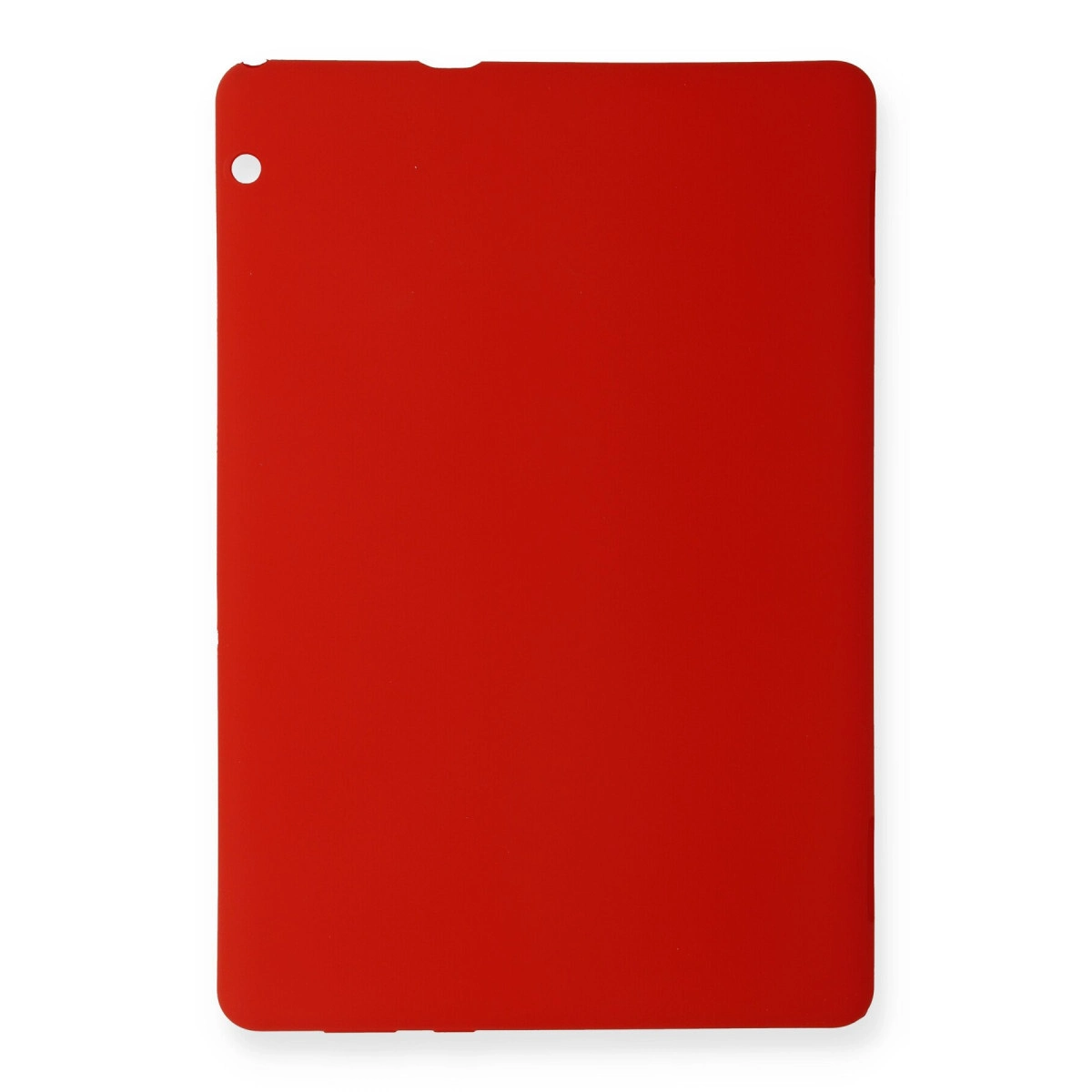 Kırmızı tablet kılıfı, ön görünüm, sol üstte kesik bulunur.