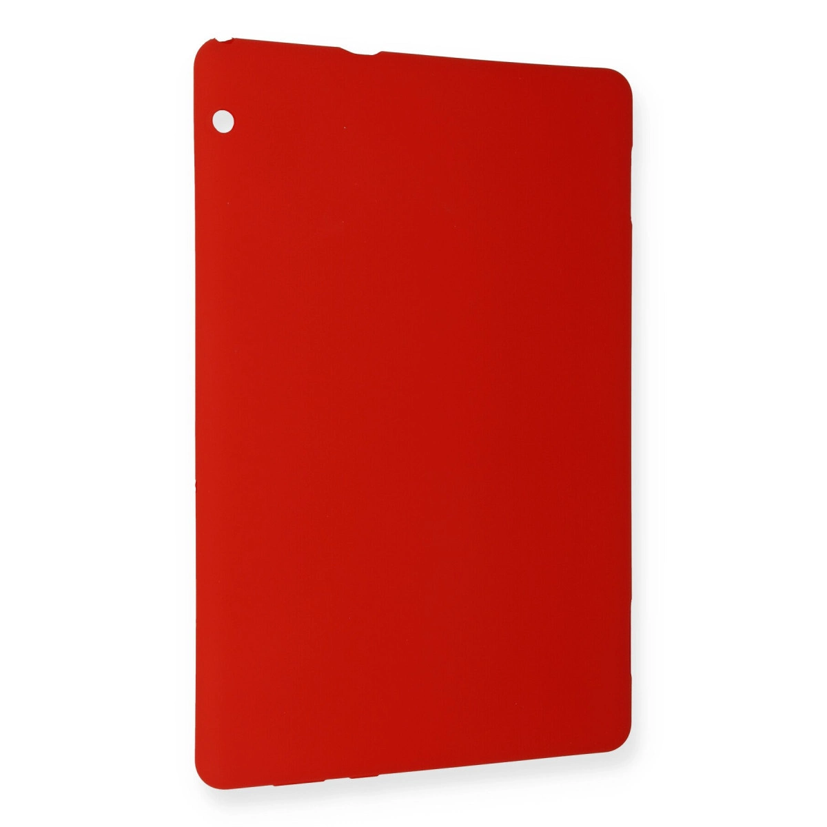 Sol üstte küçük yuvarlak açıklığı olan beyaz zeminde kırmızı tablet kılıfı.