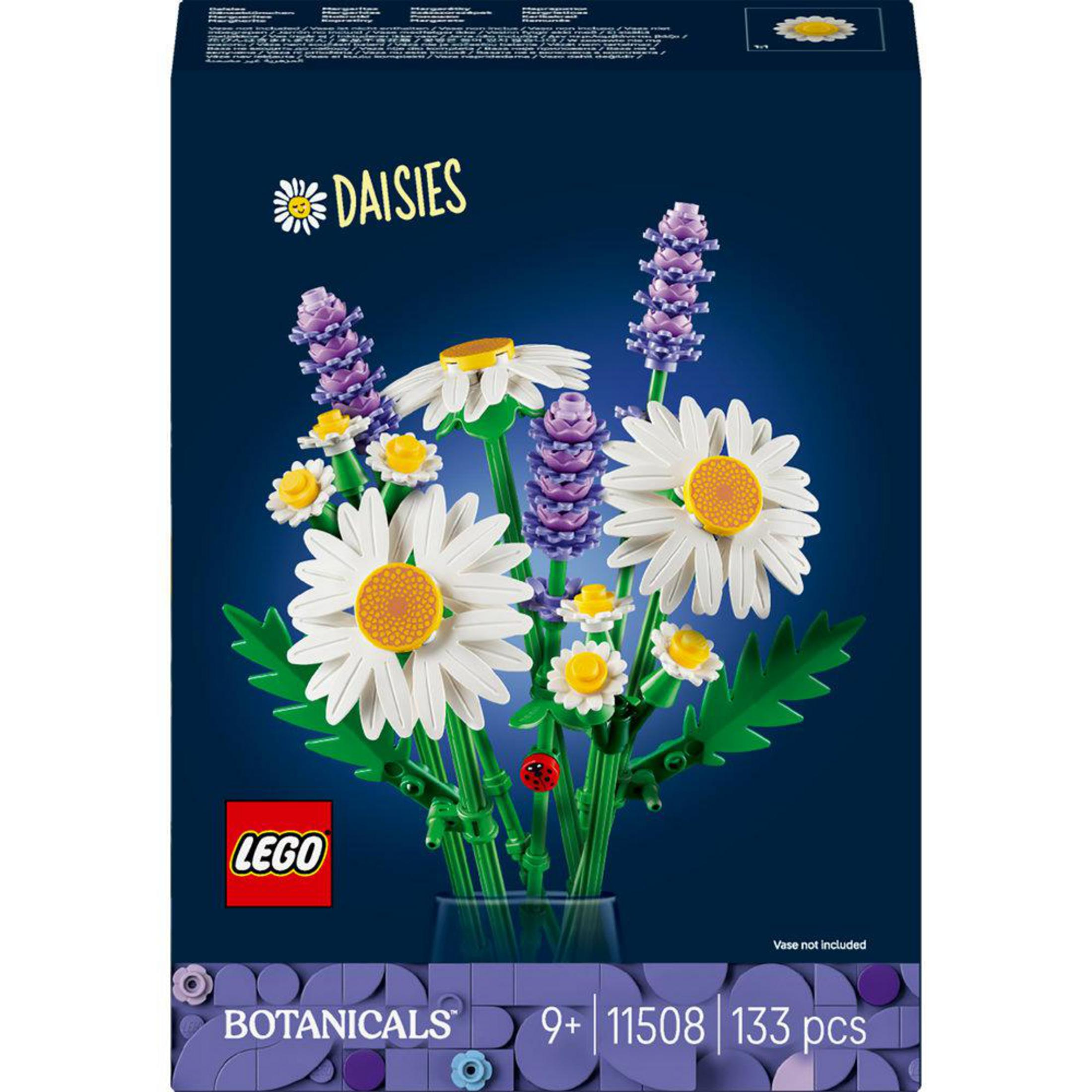 Lego-Daisies-Set mit weißen Margeriten, Lavendel und einem Marienkäfer.