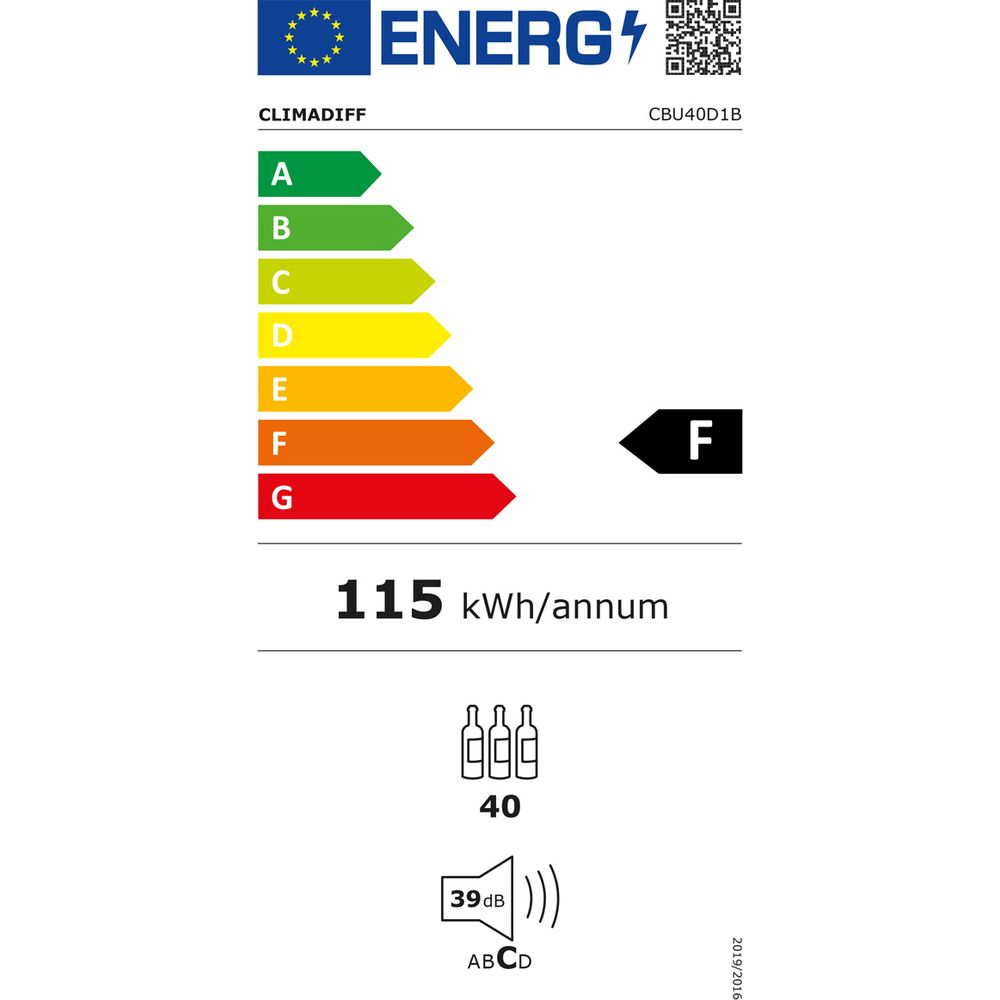 Energielabel: Klasse F, 115 kWh/Jahr, 40 Flaschen, 39 dB.