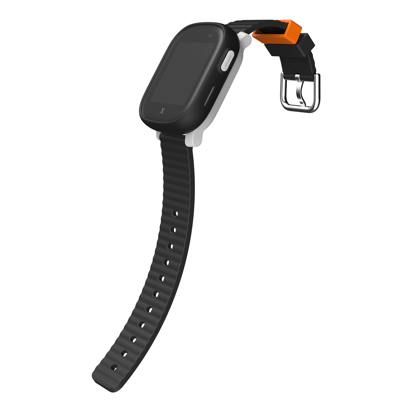 Eine schwarze Smartwatch mit geriffeltem Armband und orangefarbenem Akzent.