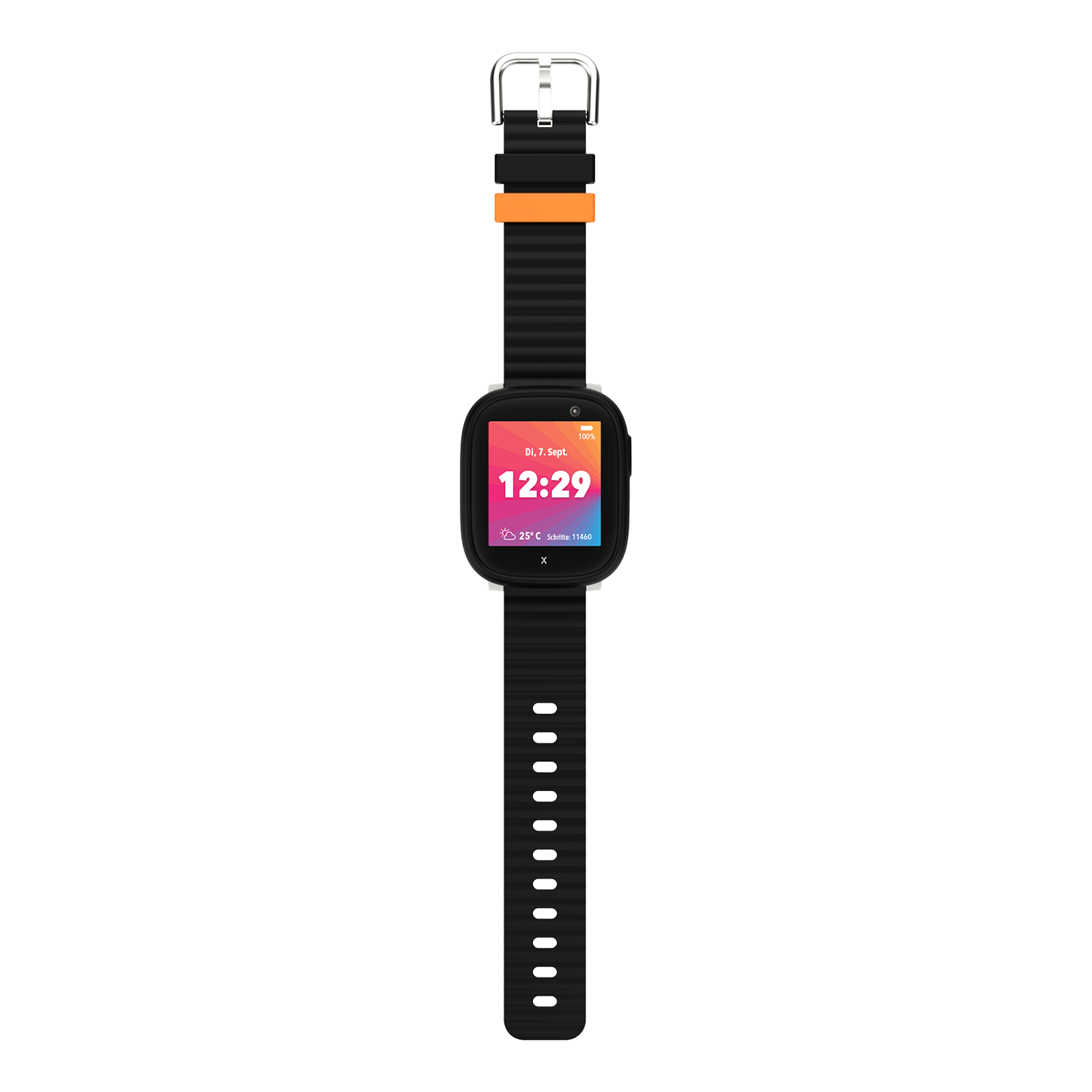 Schwarze Smartwatch mit orangefarbenem Akzent, zeigt 12:29 Uhr an.