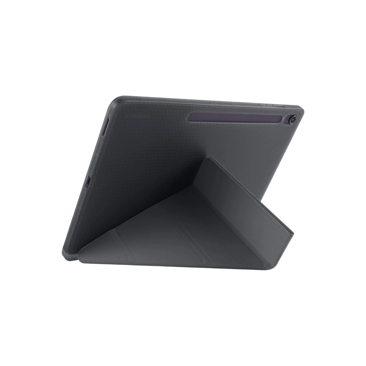 Yan taraftan görünen, stantlı koyu gri tablet. Beyaz arka plan.