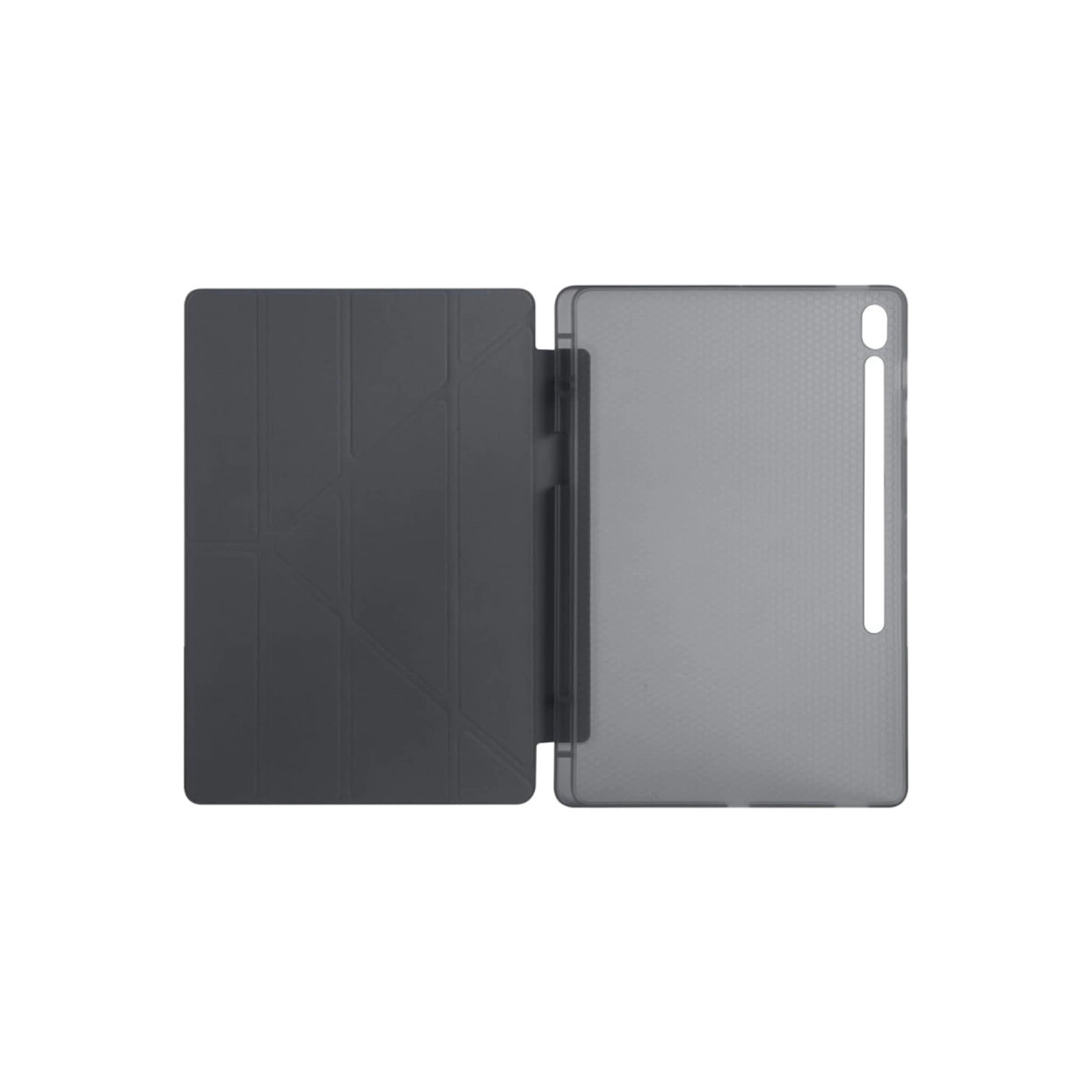 Beyaz arka plan üzerinde açık koruyucu kılıflı gri tablet.