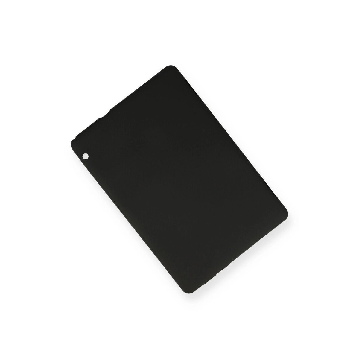 Siyah bir tablet beyaz zeminde çapraz olarak duruyor.