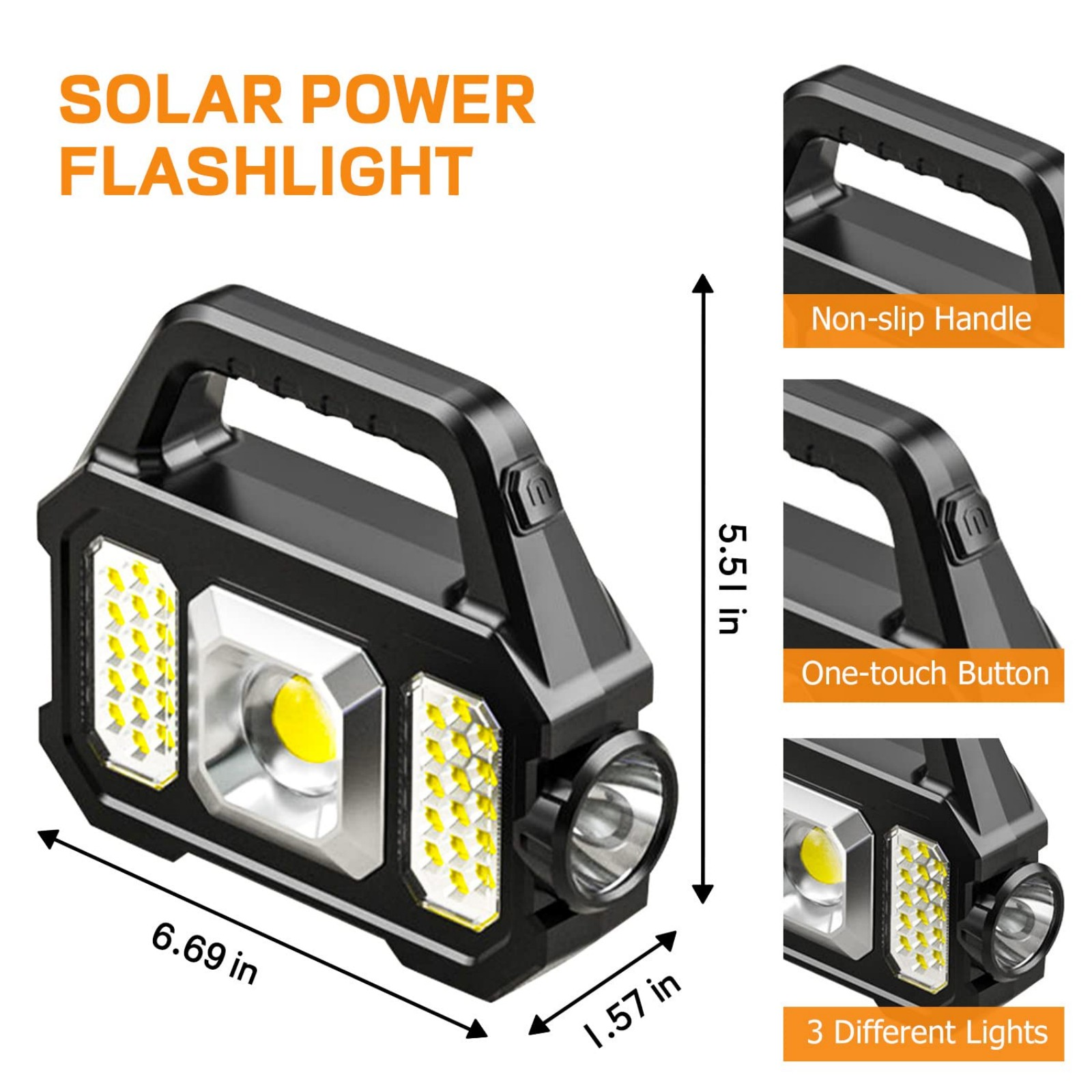 Schwarze Solar-Taschenlampe mit Griff, Maße 6,69x5,51x1,57 Zoll.