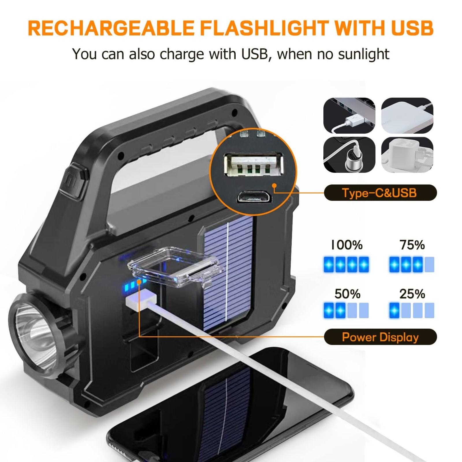 Schwarze wiederaufladbare Taschenlampe mit Solarpaneelen, USB-Ladefunktion und Leistungsanzeige.