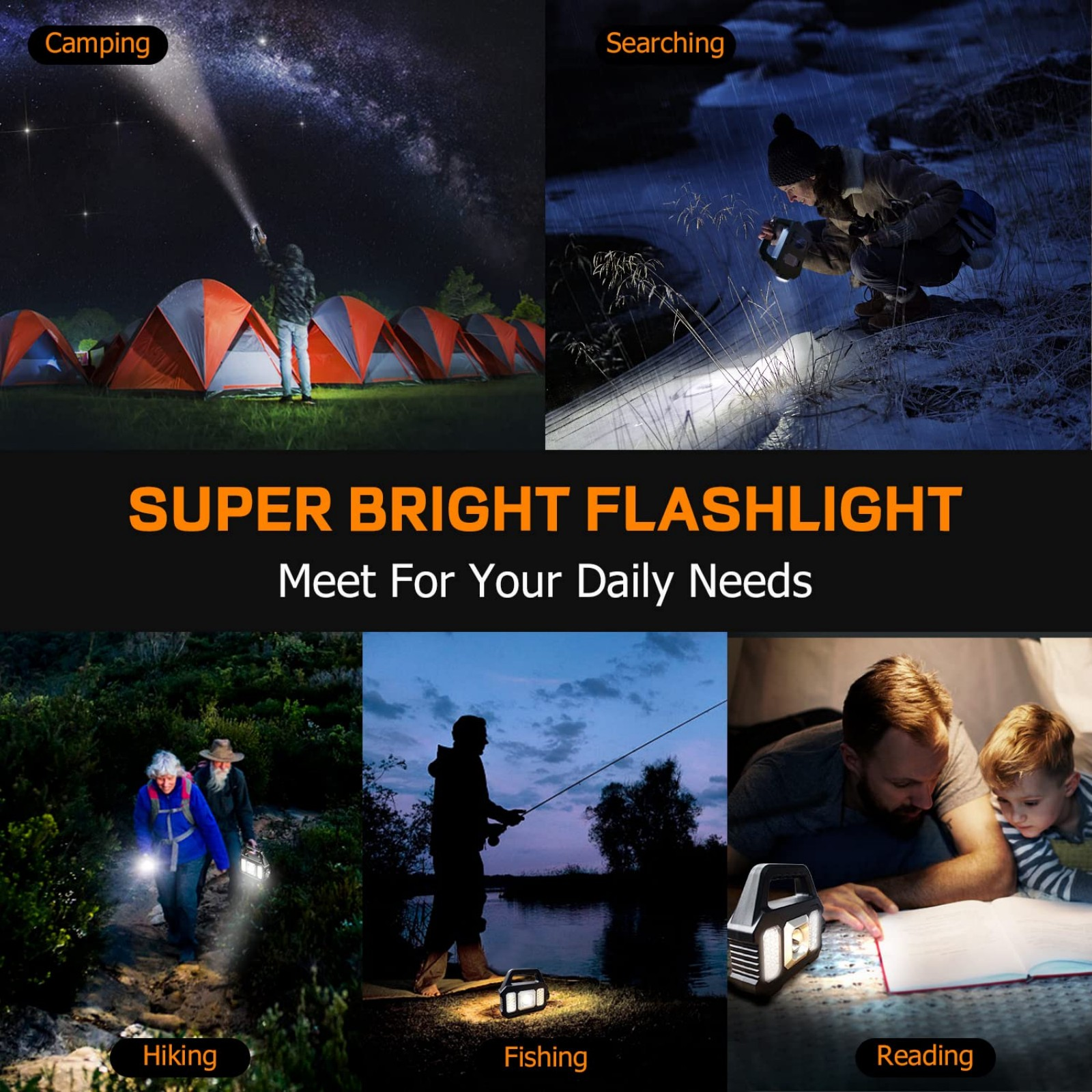 Collage von 5 Szenen: Camping unter Sternen, Suche im Regen, Wandern, Angeln, Lesen bei Licht.
