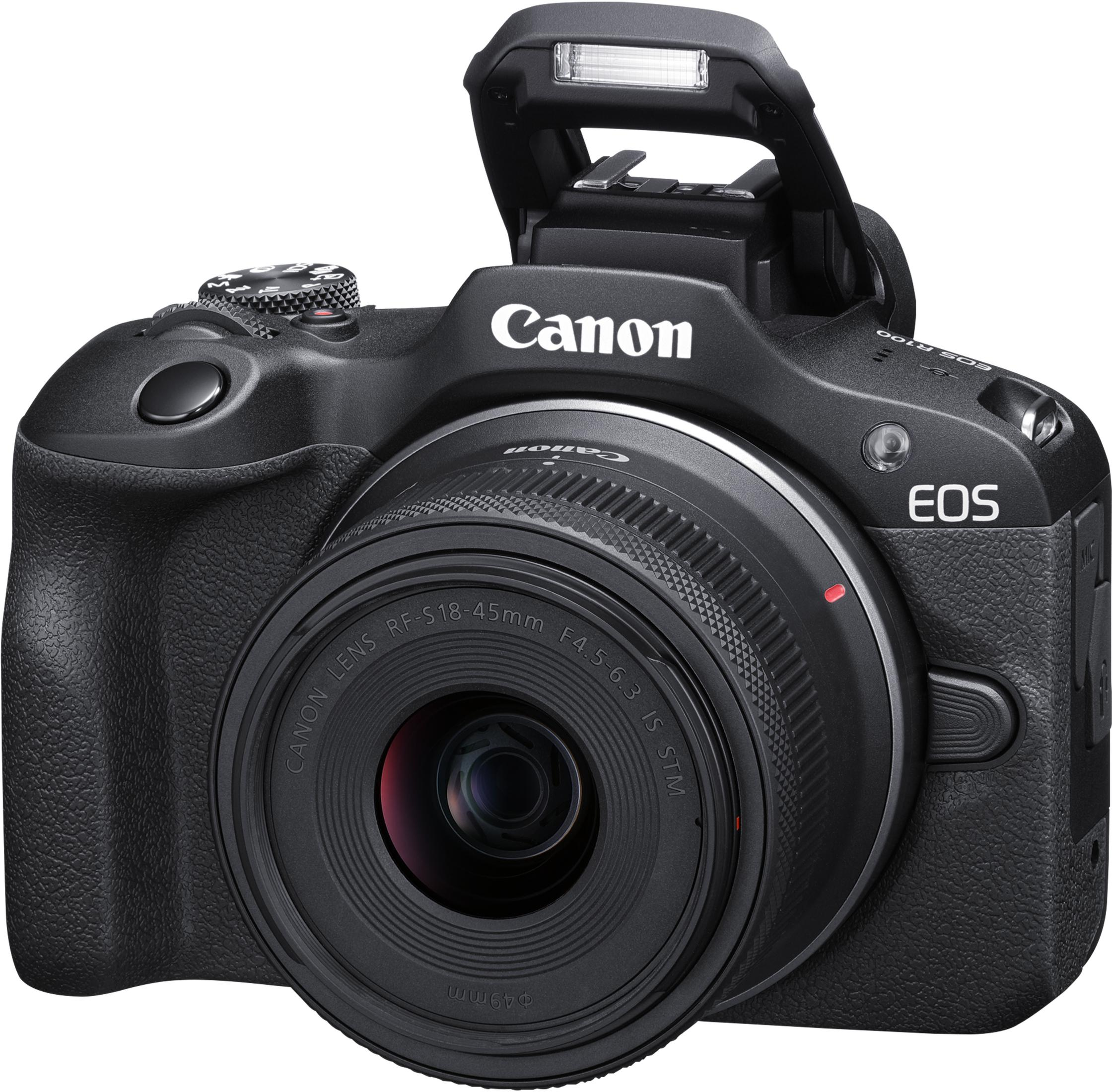 Fotocamera Canon EOS R100 nera con flash pop-up e obiettivo.