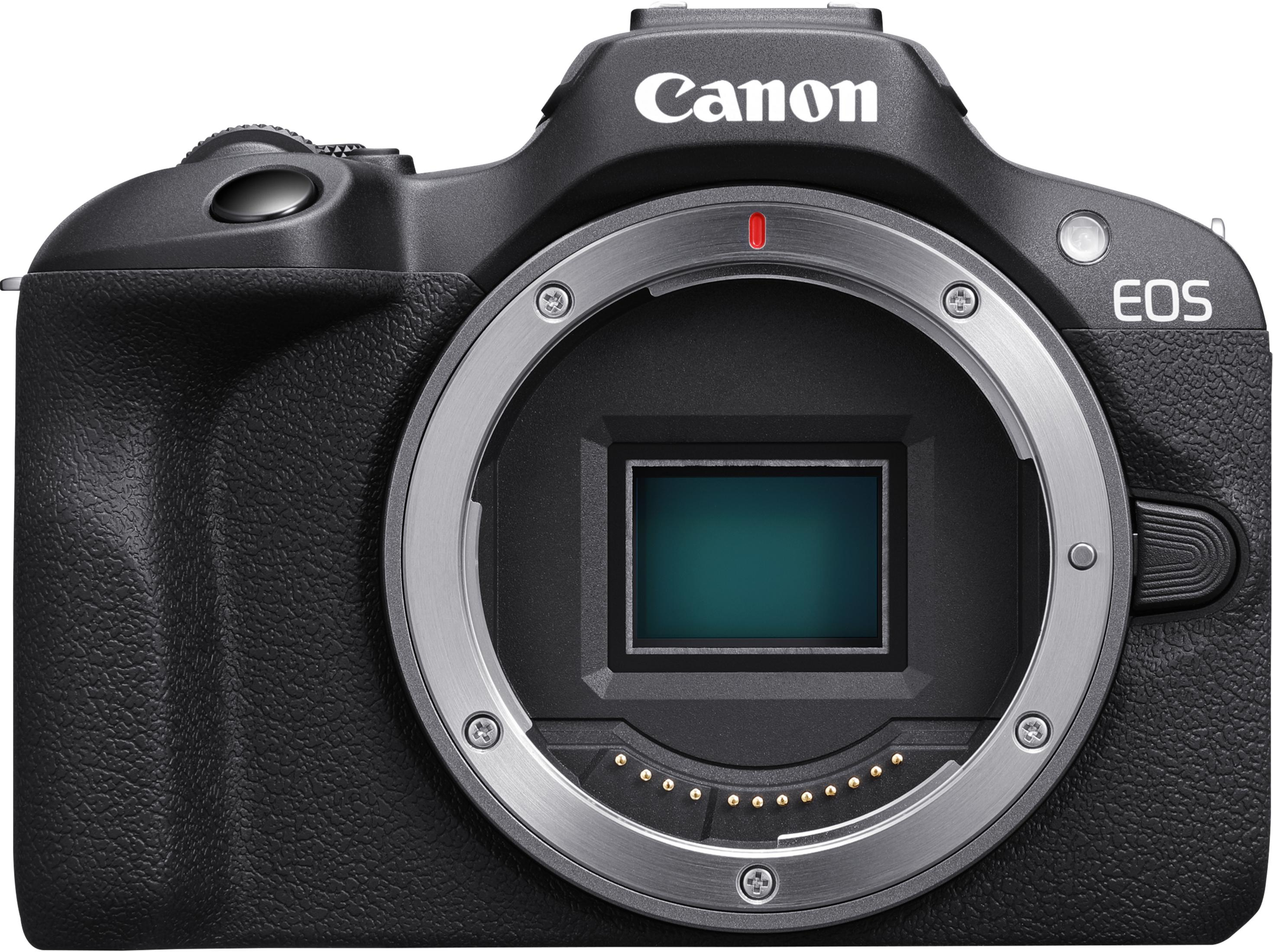 Fotocamera Canon EOS nera con attacco obiettivo e sensore.
