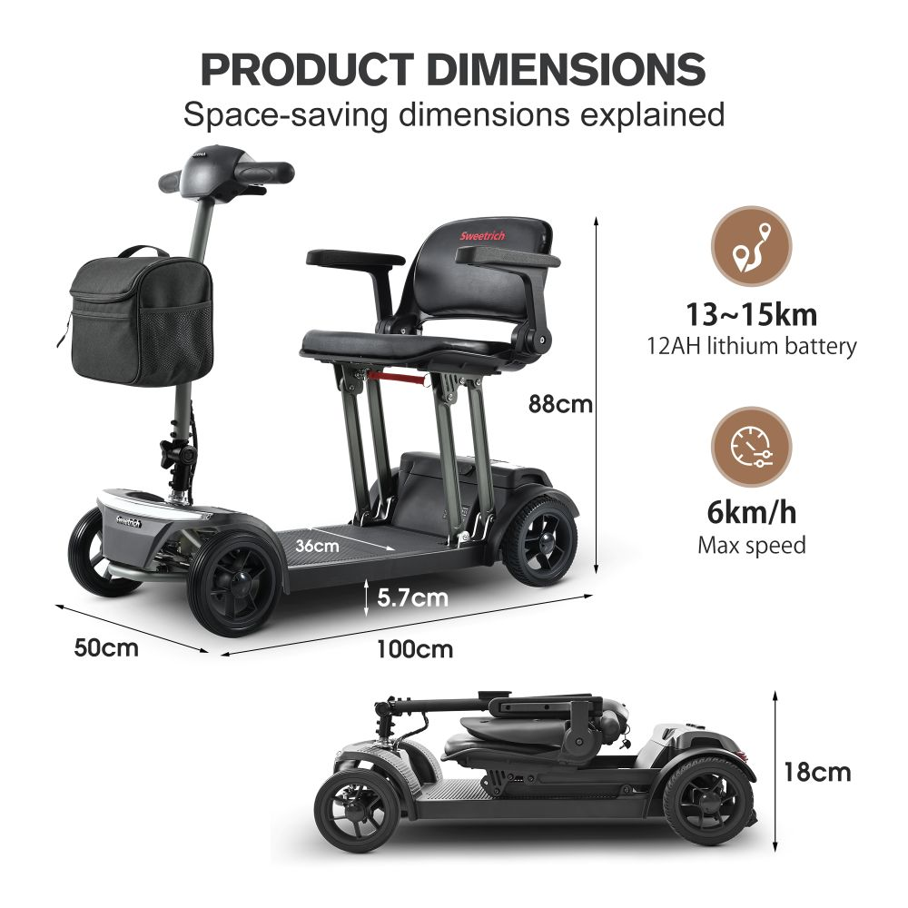 Un scooter eléctrico plegable con dimensiones y especificaciones.