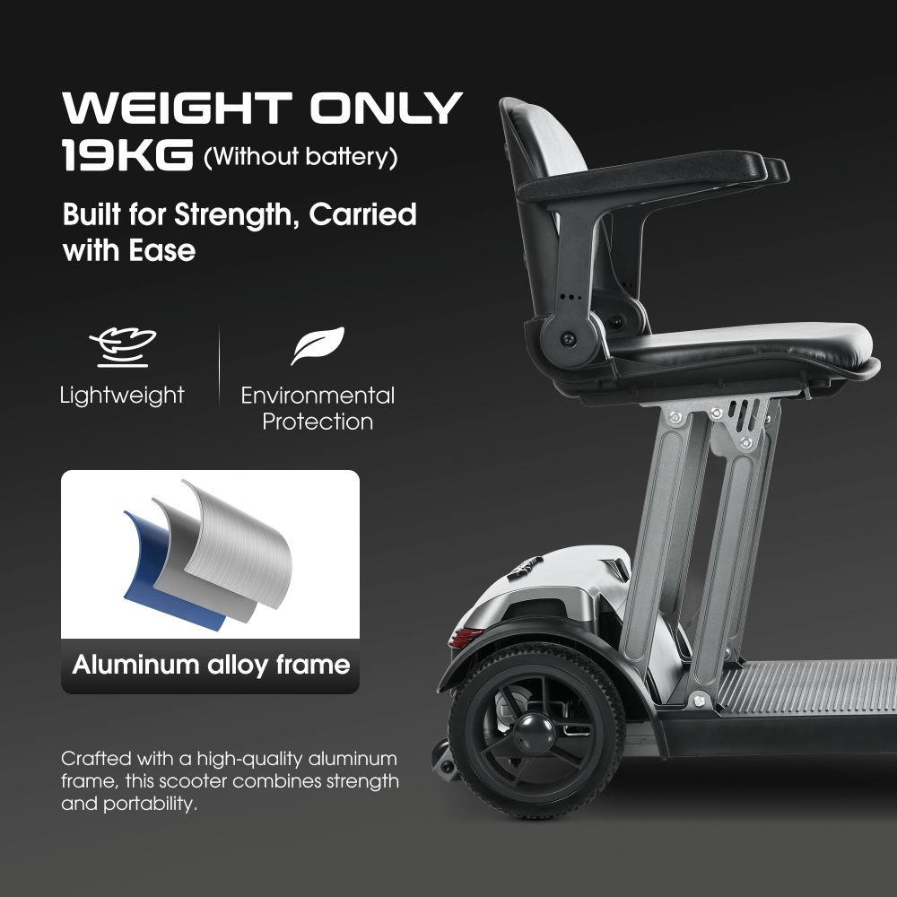 Uno scooter di mobilità leggero e pieghevole con telaio in lega di alluminio.