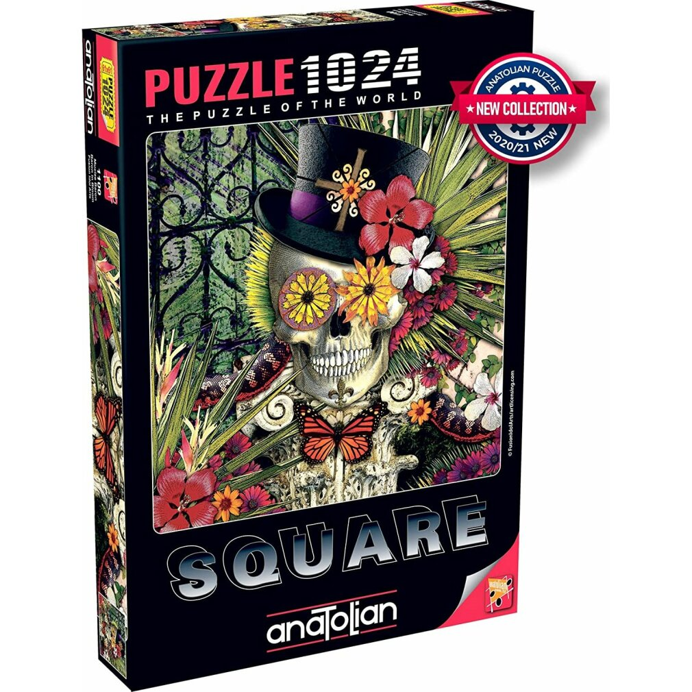Scatola puzzle Anatolian da 1024 pezzi: teschio con fiori, cappello, farfalle e testo.