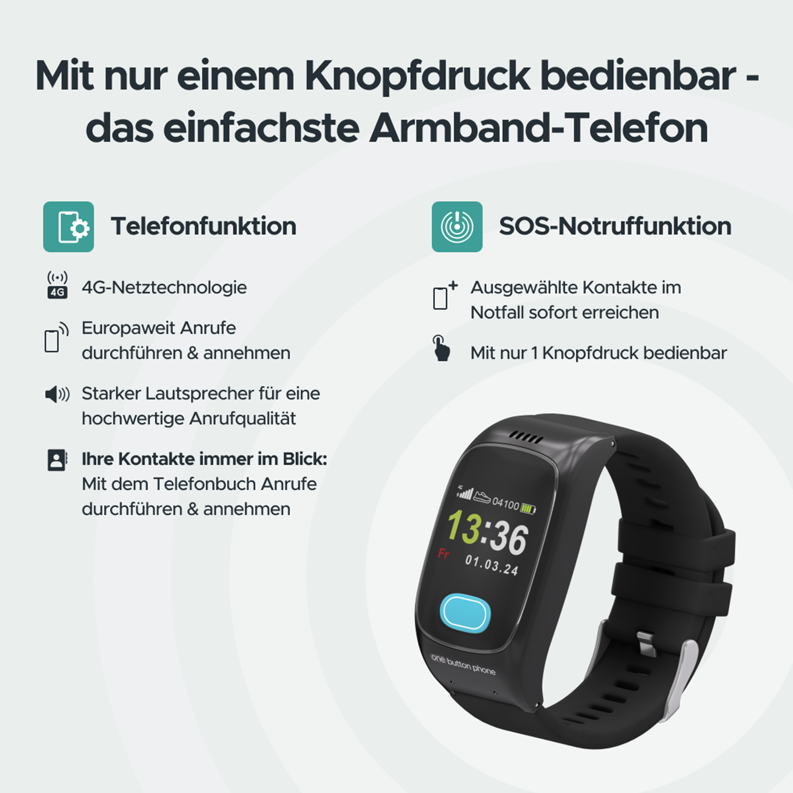 Ein schwarzes Armbandtelefon mit digitaler Anzeige wird gezeigt. Es hat 4G und SOS-Funktionen.