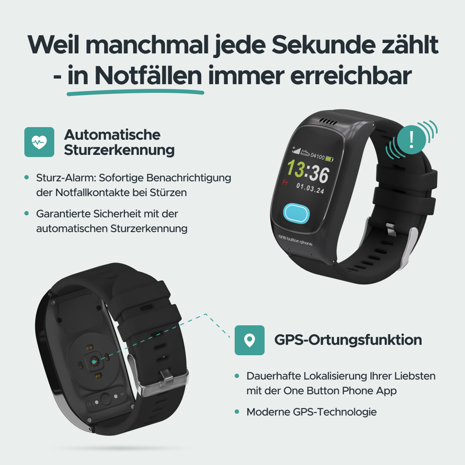 Eine schwarze Notfall-Smartwatch mit Sturzerkennung und GPS-Funktion wird gezeigt.