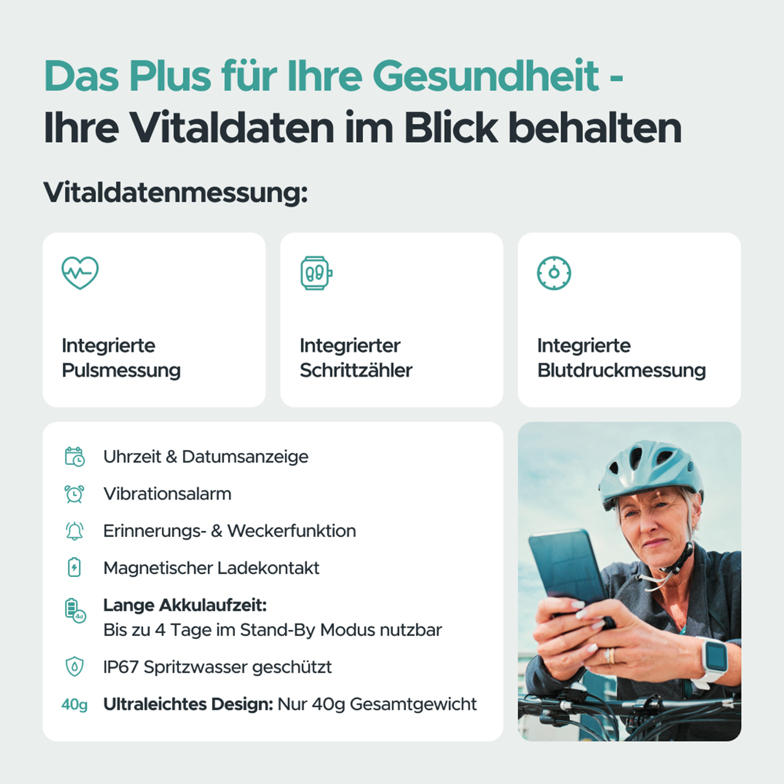 Gesundheits-Infos: Puls-, Schritt-, Blutdruckmessung, Uhrzeit, Alarm, Ladekontakt, Akku, IP67, 40g.