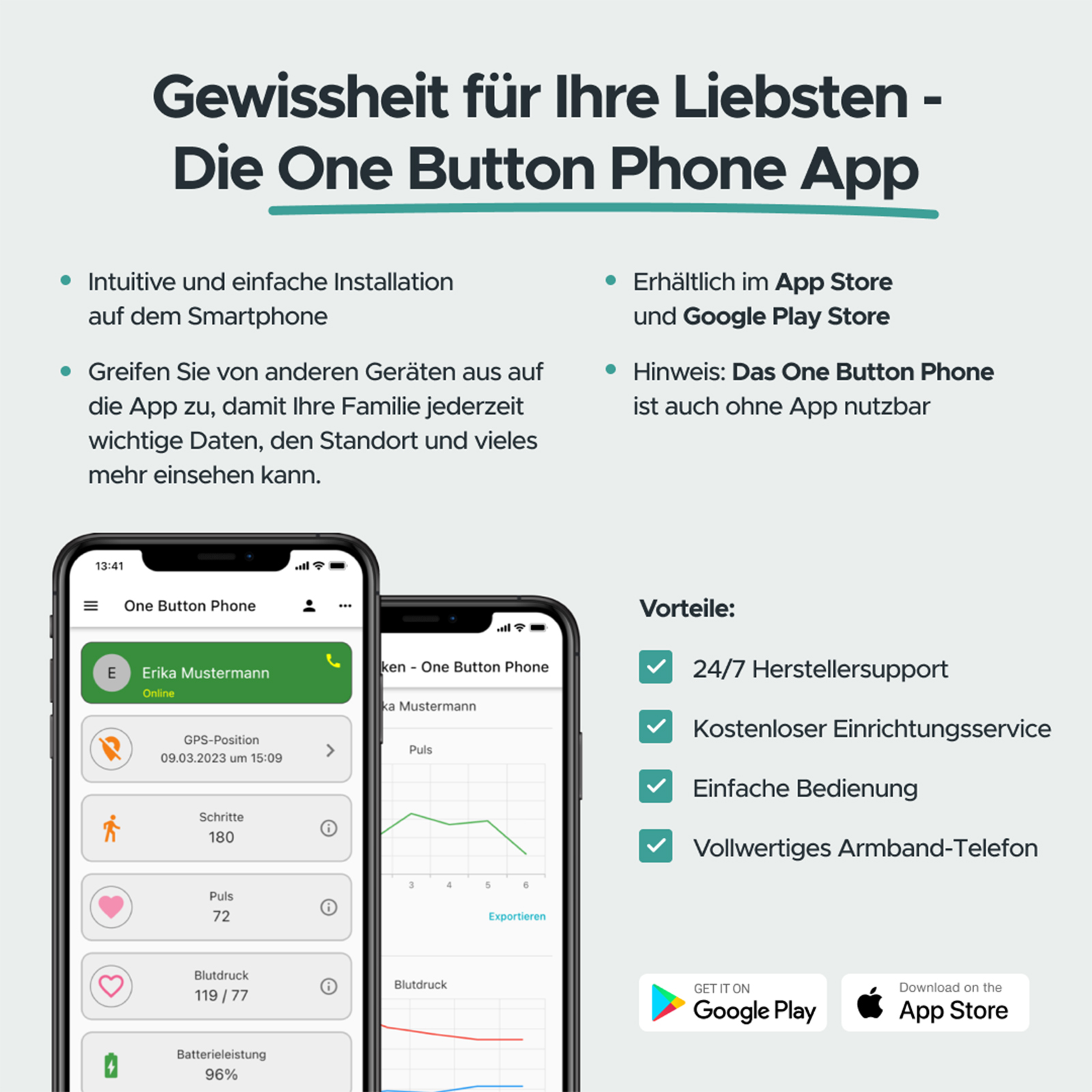 App-Übersicht: Vitaldaten, Standort & Vorteile der One Button Phone App.