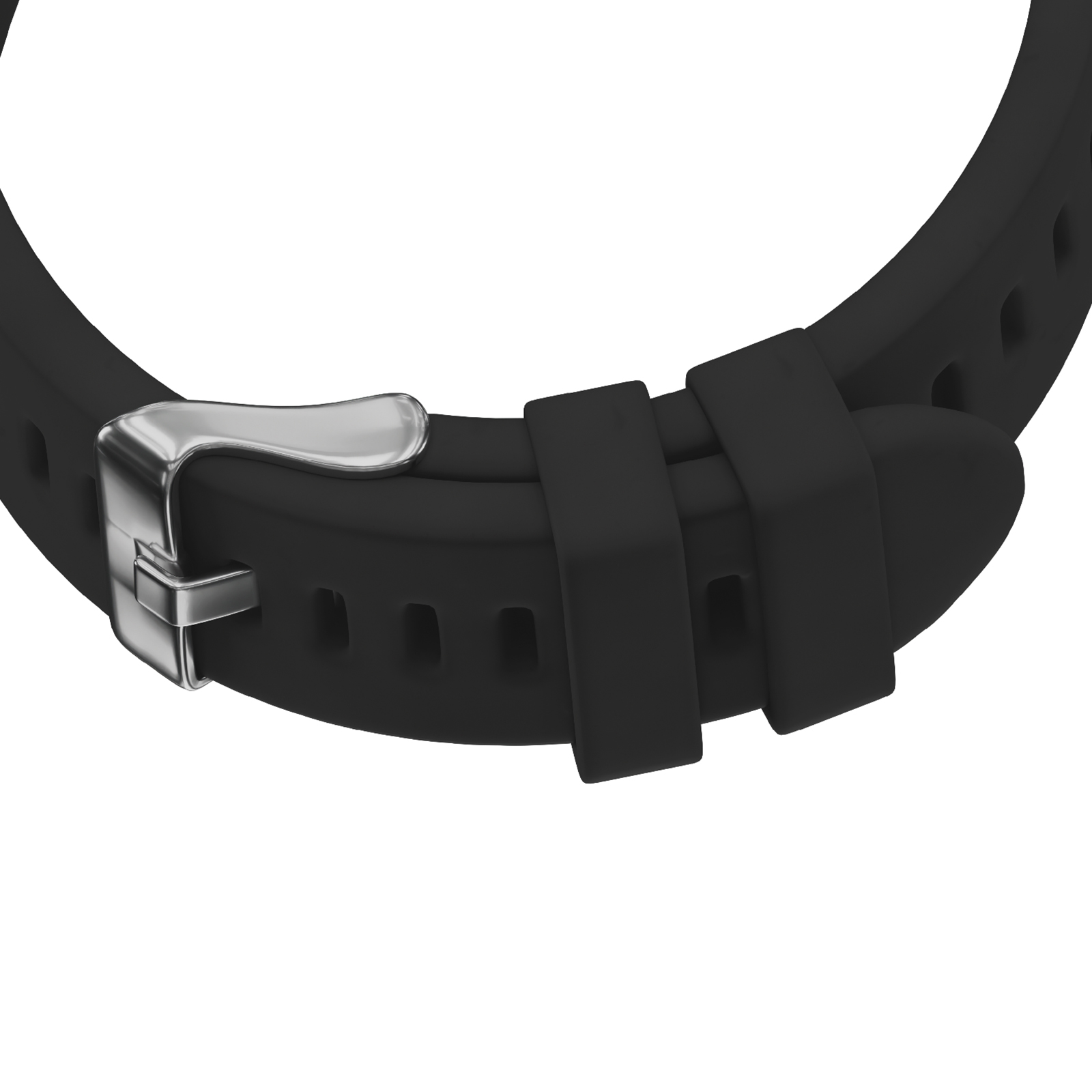 Ein schwarzes Uhrenarmband mit silberner Schnalle und Schlaufen.