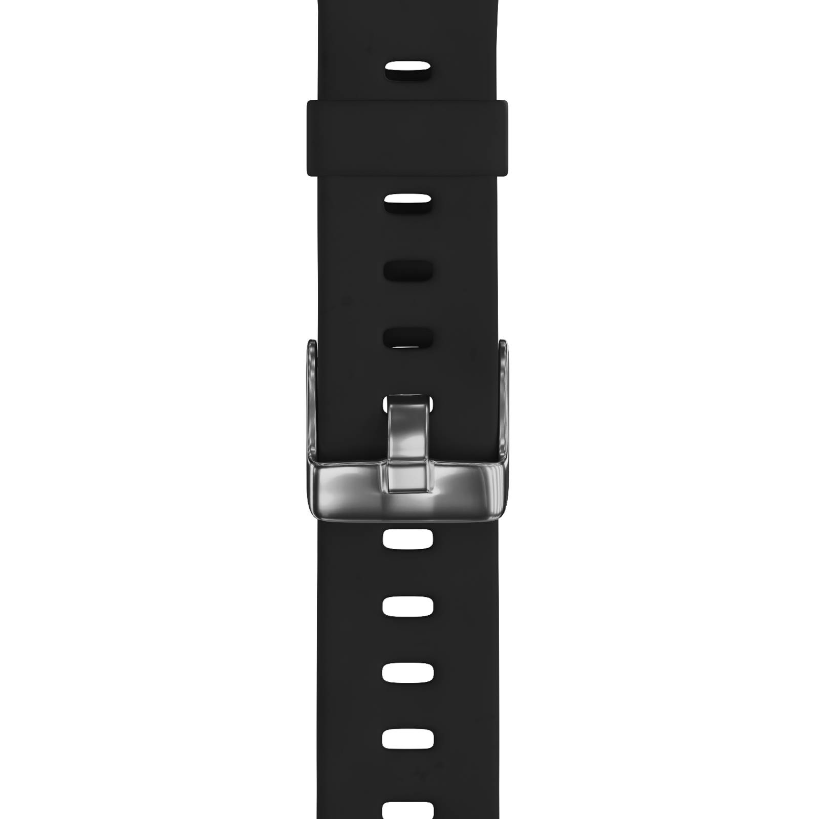 Schwarzes Uhrenarmband mit silberner Schnalle und ovalen Löchern.