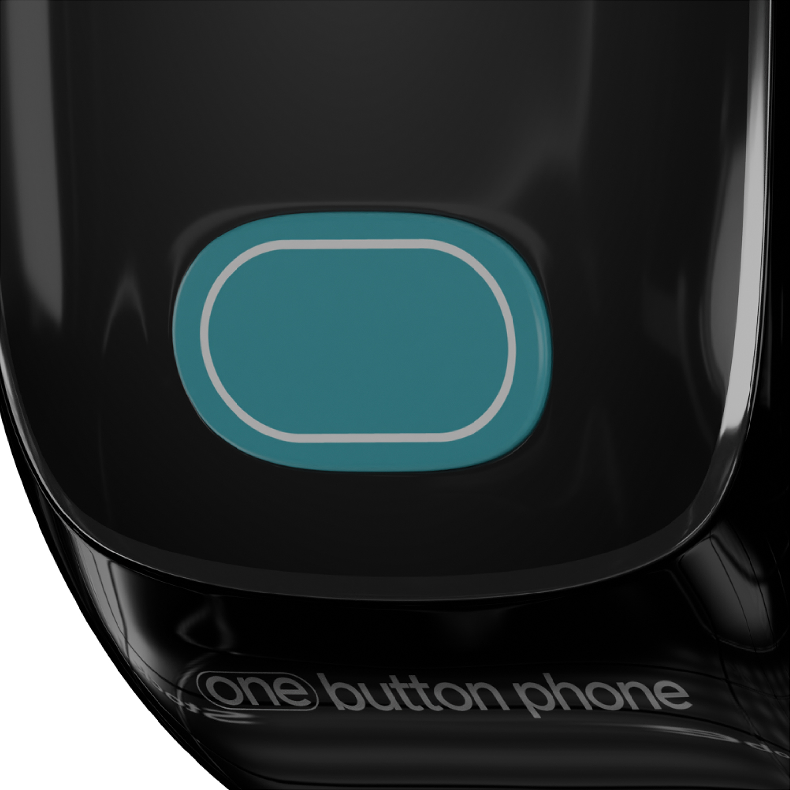 Nahaufnahme eines schwarzen Telefons mit türkisfarbenem Knopf und weißem Rand. Text: 'one button phone'.