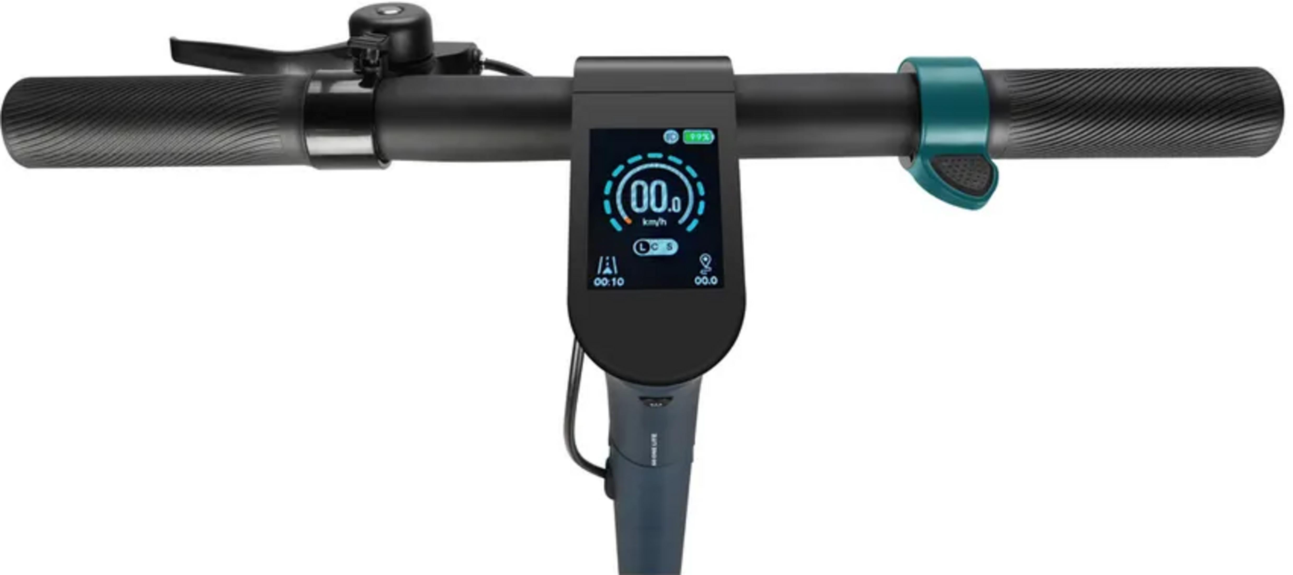 Manubrio monopattino elettrico con display, manopole e campanello.