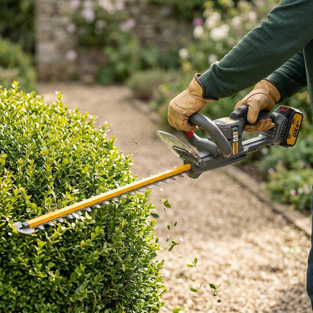 Eldivenli eller budama makasıyla çalıyı buduyor, yapraklar dökülüyor.