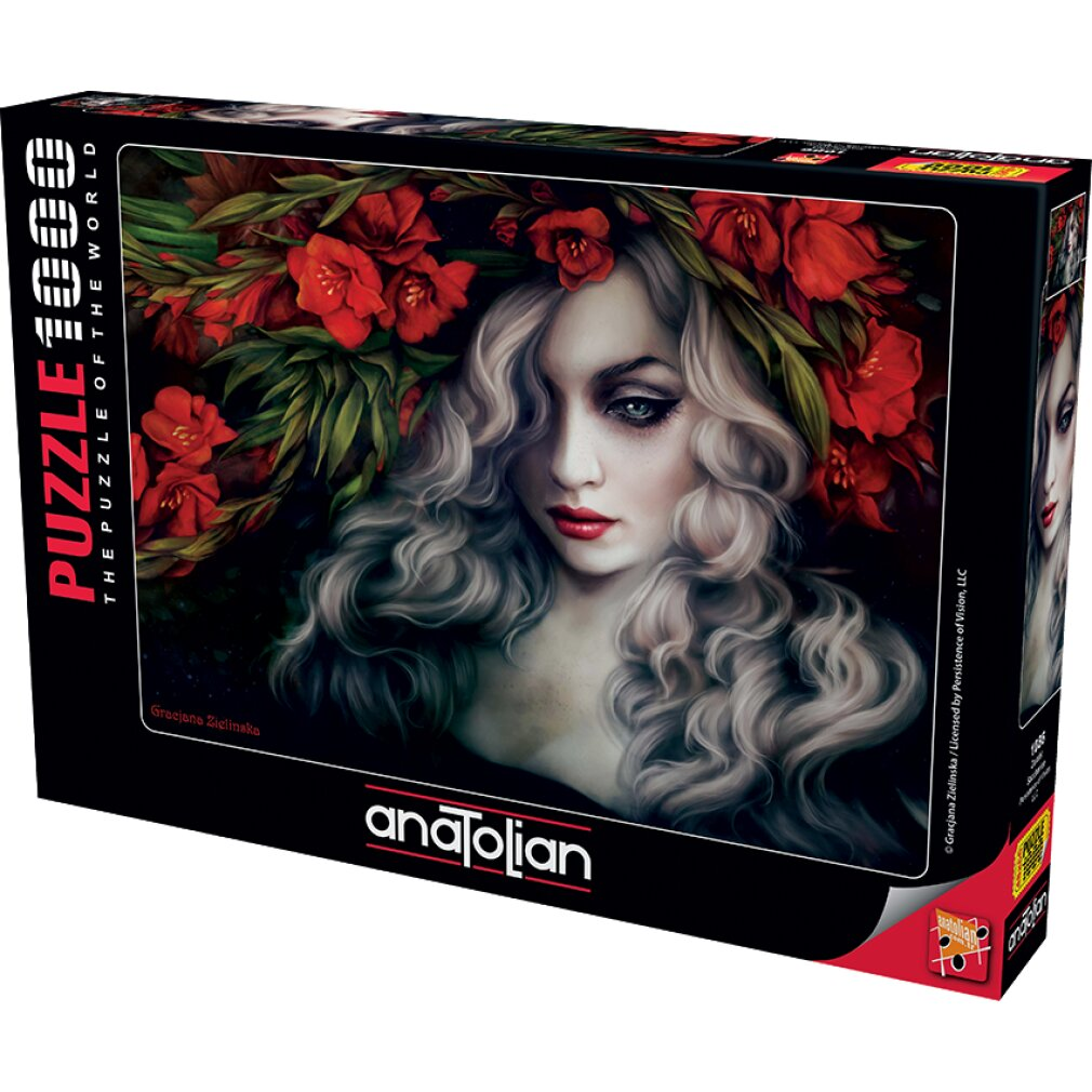 Puzzlebox mit einer Frau mit Blumenkranz, roten Blumen und grauem Haar.