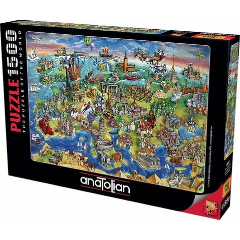 Scatola del puzzle che mostra una mappa del mondo colorata con punti di riferimento. Logo Anadolu in basso.