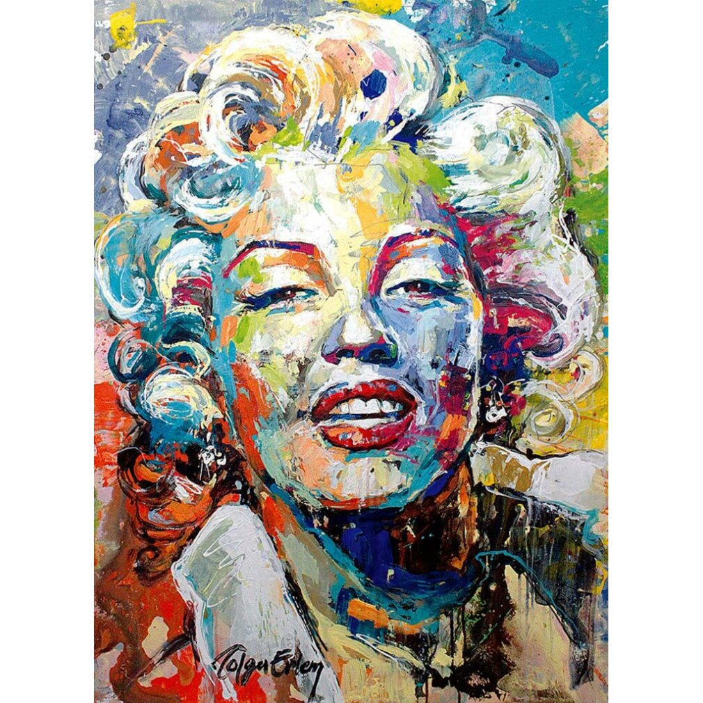 Pittura colorata di Marilyn Monroe con capelli arricciati e bocca aperta.