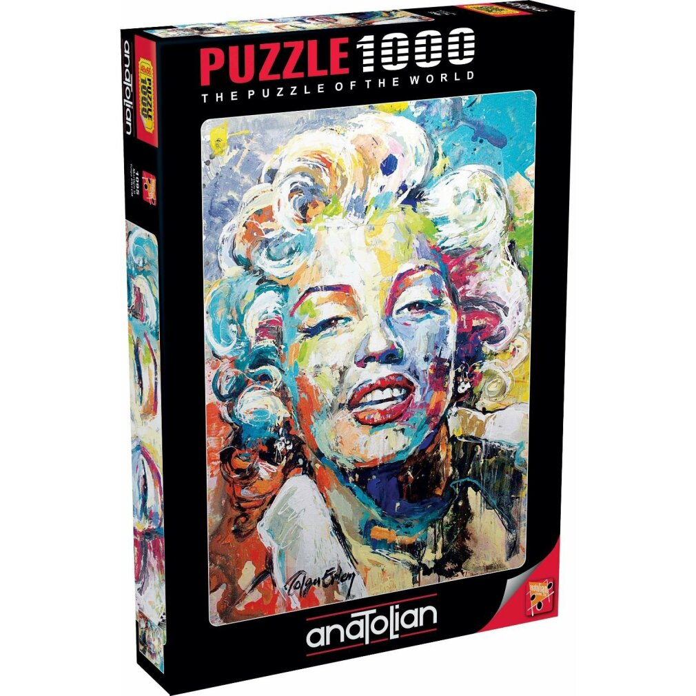 Scatola puzzle colorata con un vibrante ritratto impressionista di Marilyn Monroe.