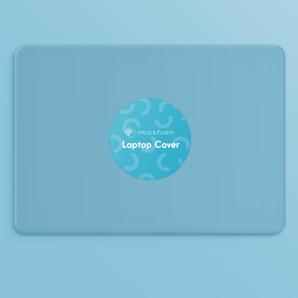 A blue laptop cover with a circular logo that reads 