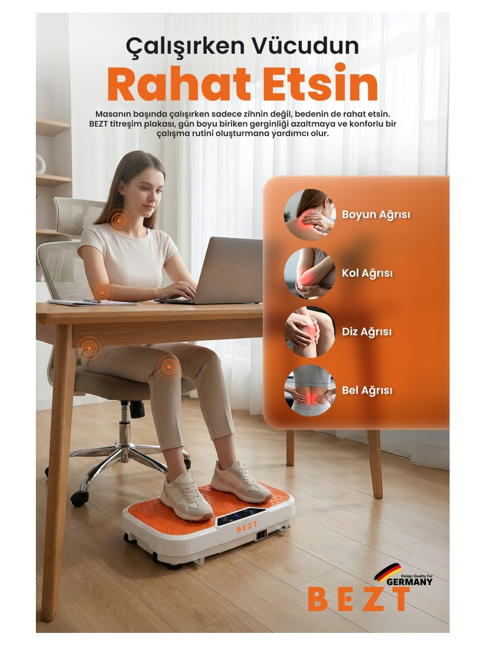 Kadın masada titreşim plakasında çalışıyor, ağrıyan vücut bölgelerini gösteriyor.
