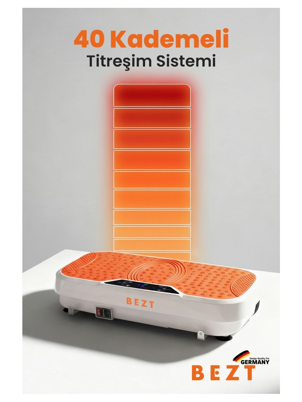 Turuncu üst yüzeyli 40 kademeli titreşimli makine masada duruyor.