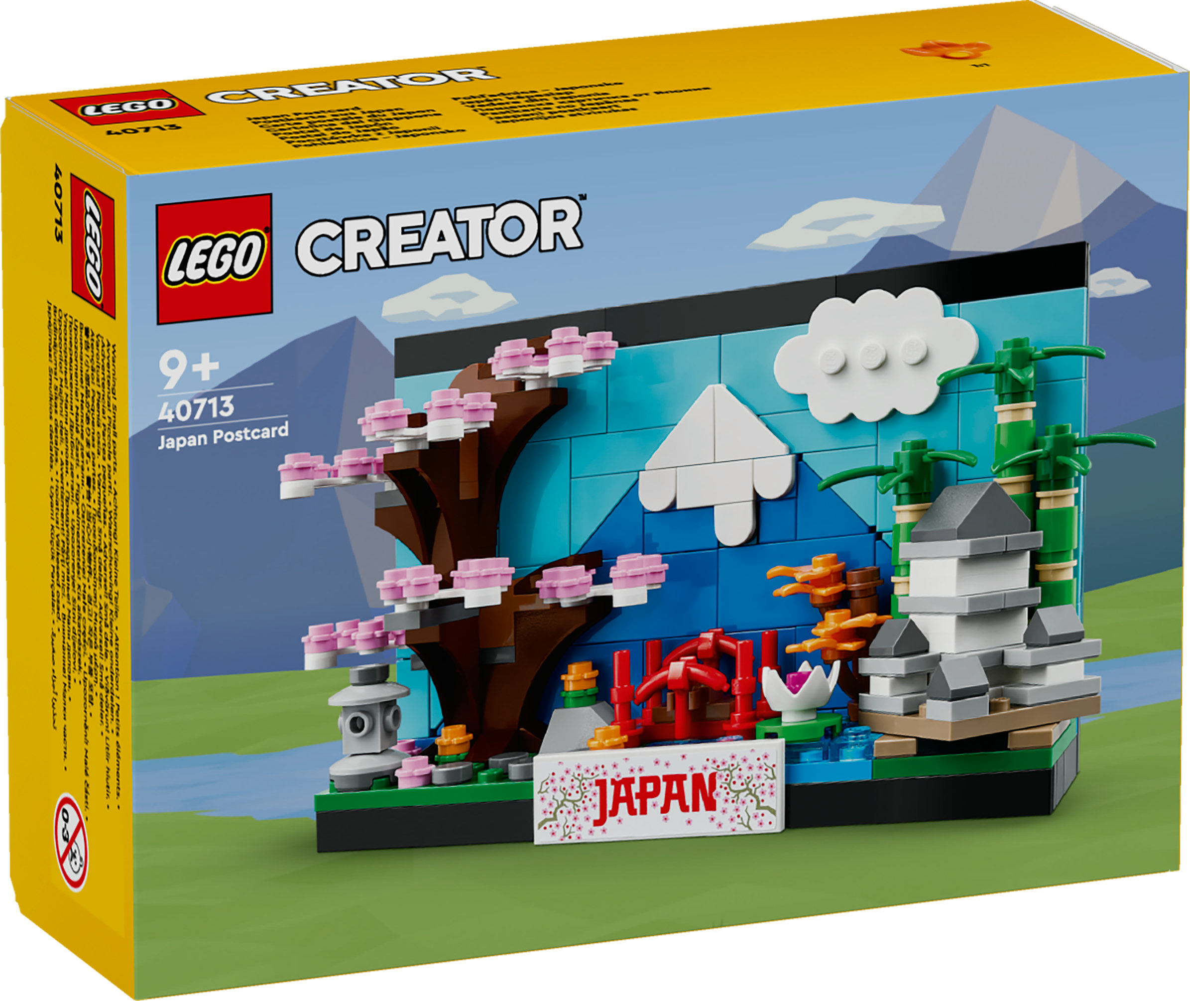 Japon postcard sahnesi içeren LEGO Creator seti: kiraz çiçekleri, pagoda ve Fuji Dağı.
