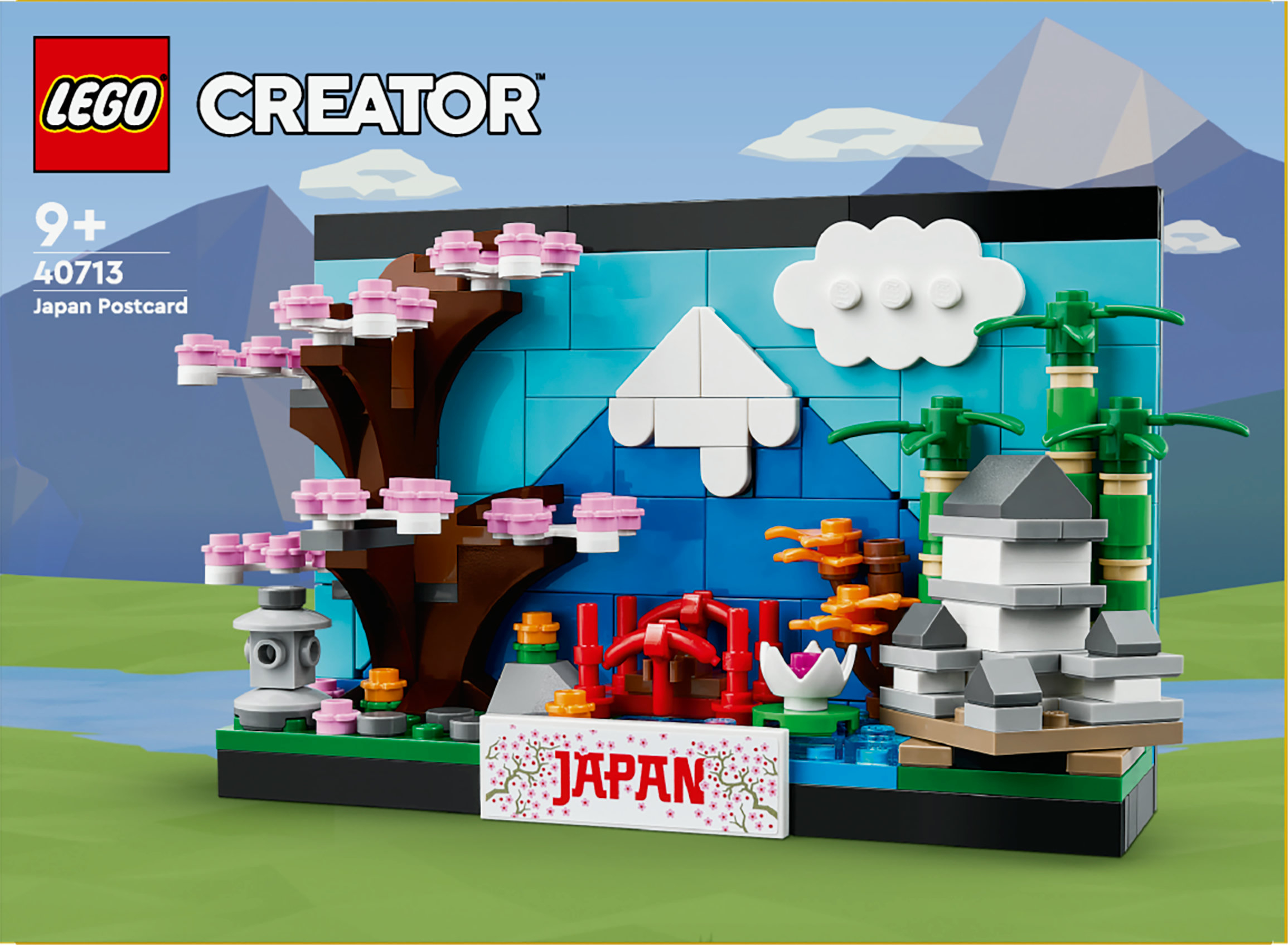 Kiraz çiçekleri, dağ ve kale içeren Lego Japon postcard modeli.