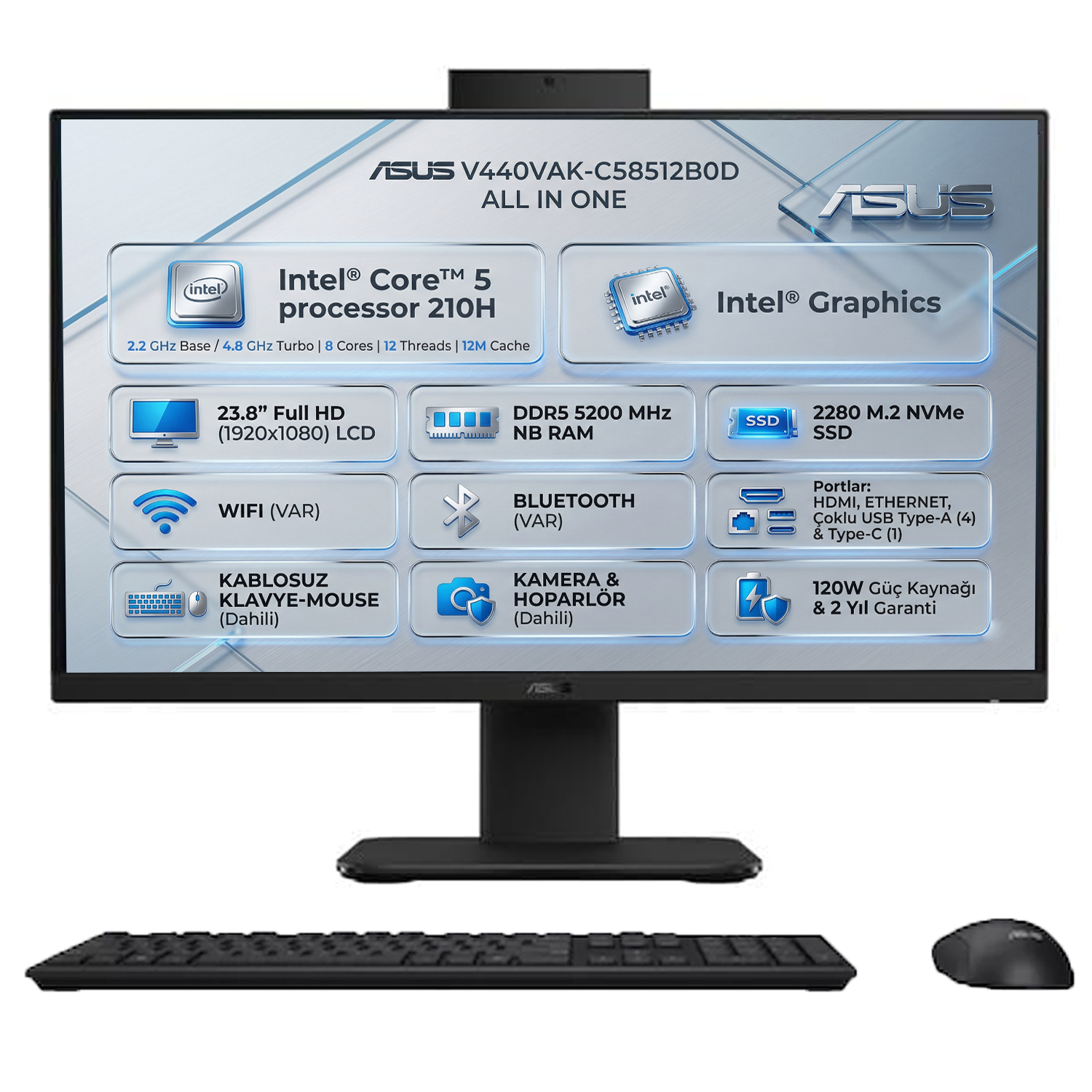 Intel Core i5 işlemcili ASUS Hepsi Bir Arada PC, 23,8 inç ekran, SSD, klavye ve fare.