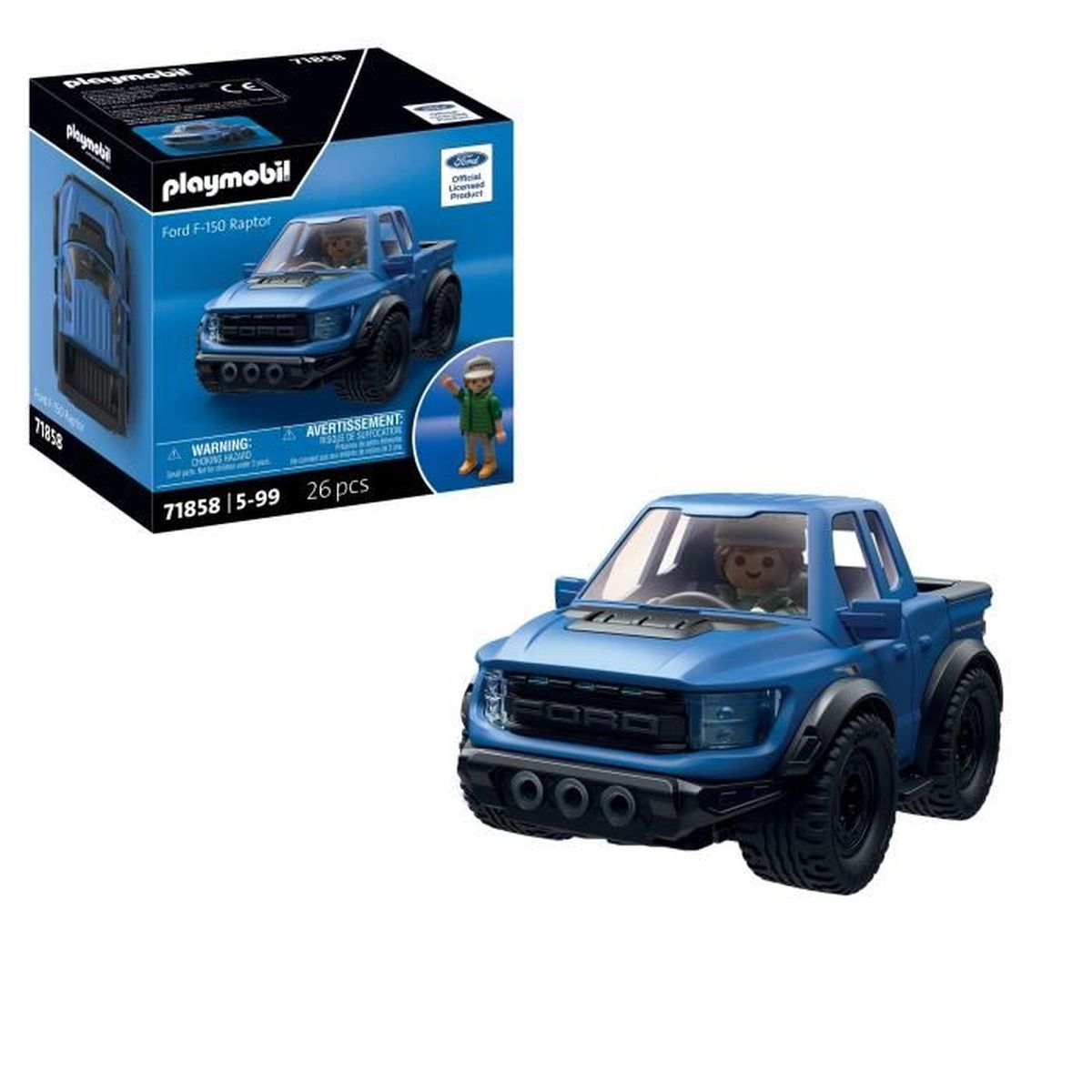 Camioneta azul Playmobil Ford F-150 Raptor con figura y caja.