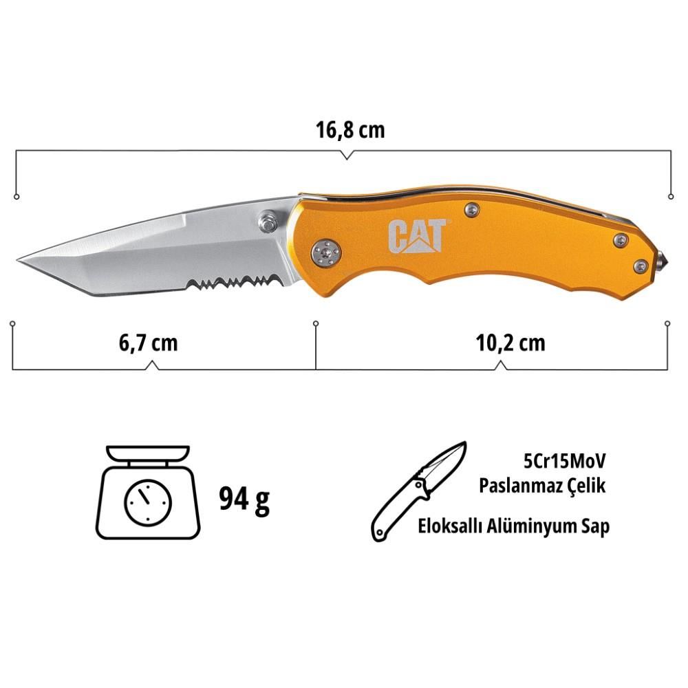 Turuncu CAT çakı. Bıçak 6,7cm, Sap 10,2cm, Toplam 16,8cm. Ağırlık 94g.