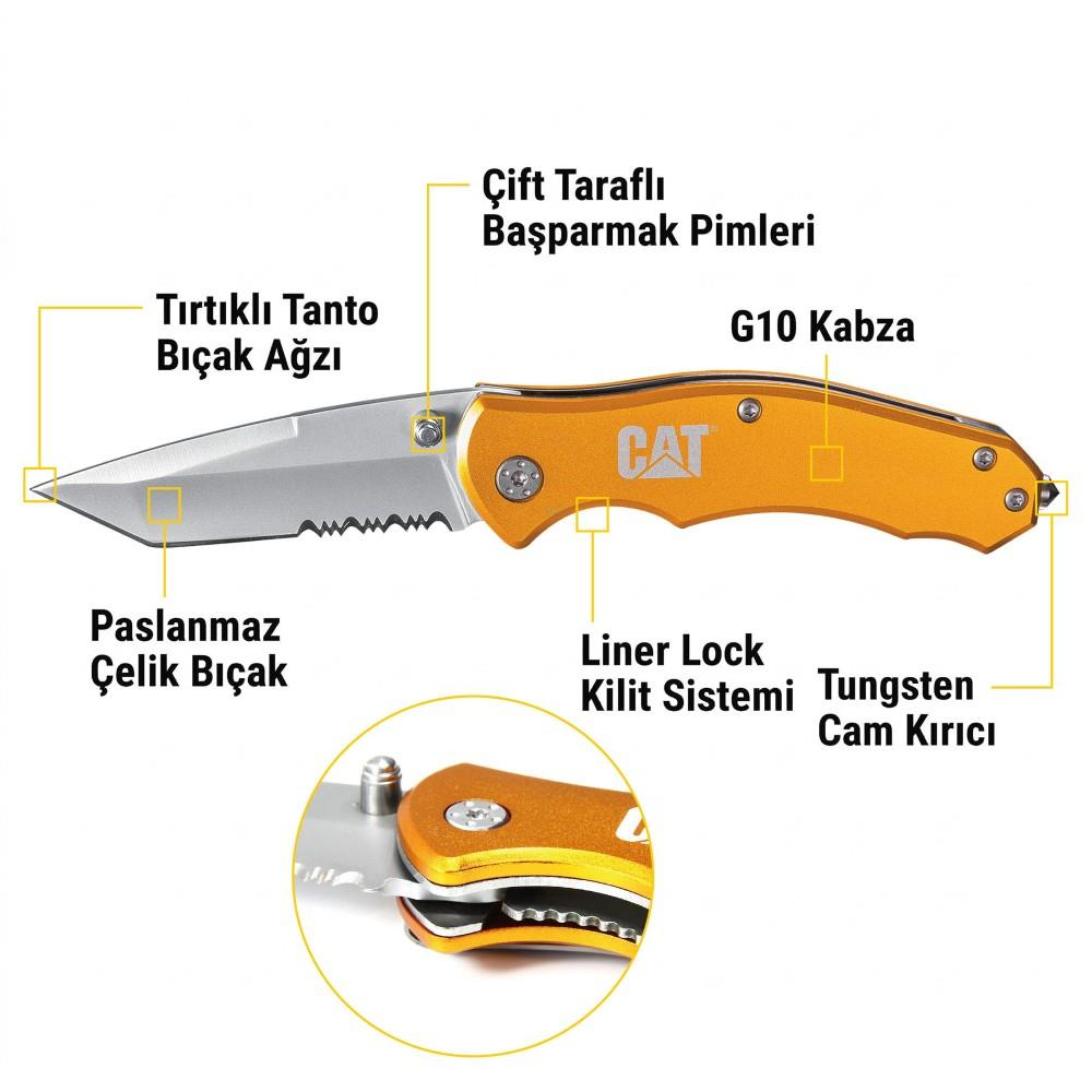 Tanto bıçaklı, G10 kabzalı, liner lock ve cam kırıcı özellikli turuncu CAT bıçağı.