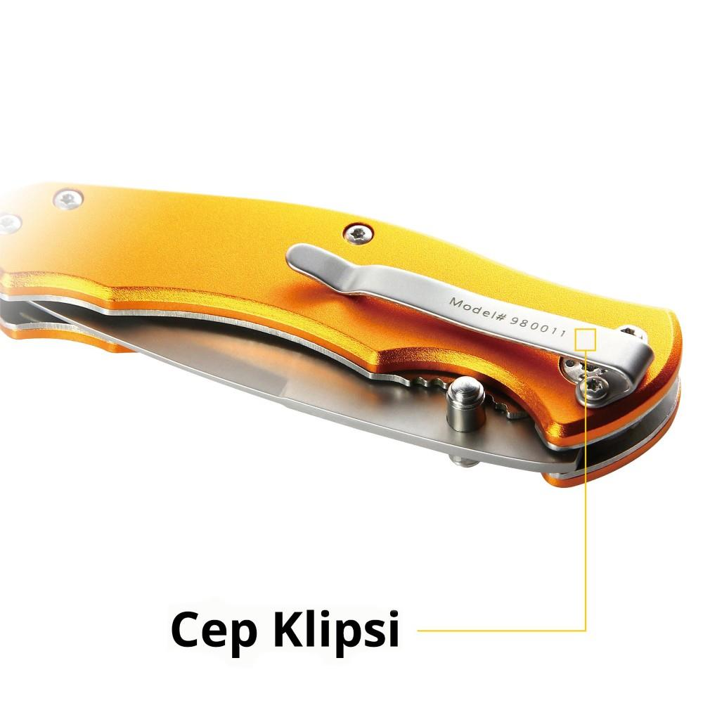 Gümüş klipsli ve 980011 model numaralı turuncu cep bıçağı.