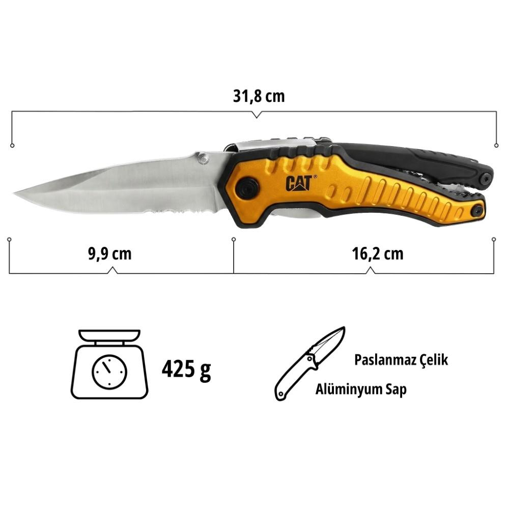 CAT katlanır bıçak: 31.8cm toplam, 9.9cm bıçak, 16.2cm sap. 425g. Paslanmaz çelik, alüminyum.