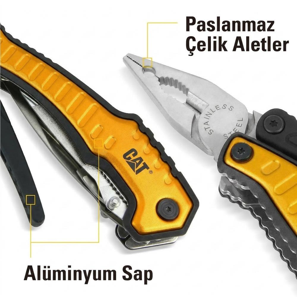 Parlatılmış paslanmaz çelik aletler ve alüminyum sapa sahip sarı CAT çok amaçlı aletin yakın çekimi.