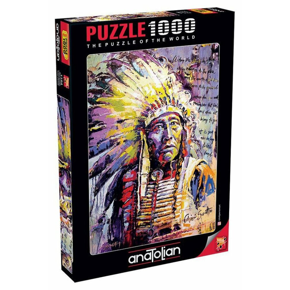 Scatola puzzle con ritratto colorato di un capo nativo americano, stile 'Chief Seattle'.