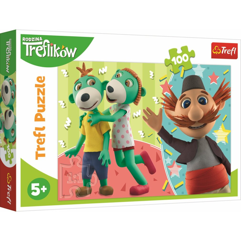 Una scatola di puzzle mostra tre personaggi dei cartoni animati: due creature verdi e un uomo con i baffi.