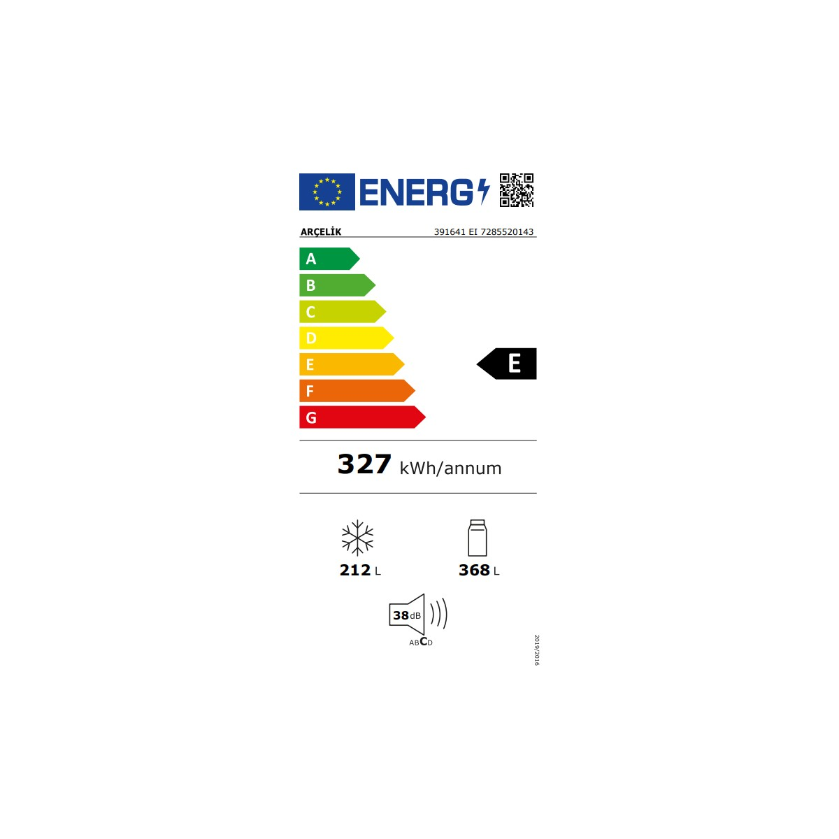 Enerji etiketi: E sınıfı, 327 kWh/yıl, 212L dondurucu, 368L buzdolabı, 38 dB.