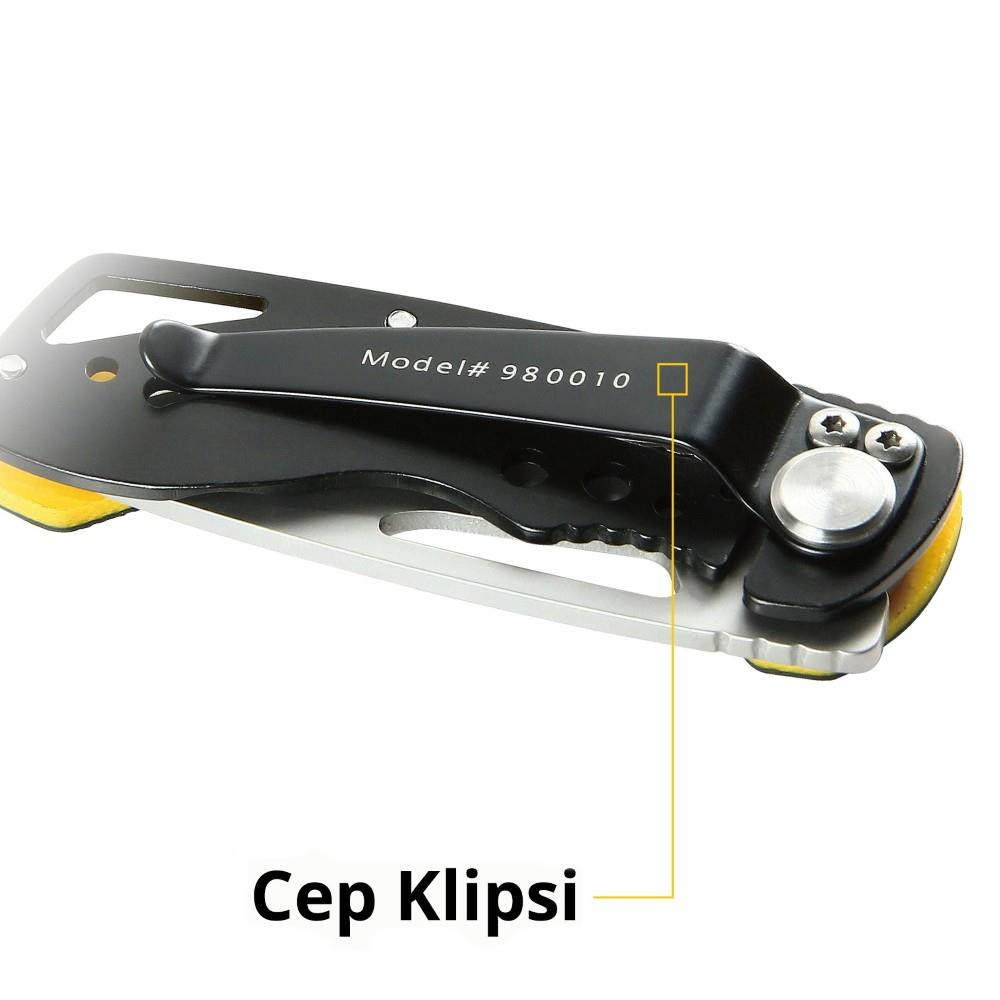 Sarı vurgulu siyah metal klips ve 980010 model numarası.