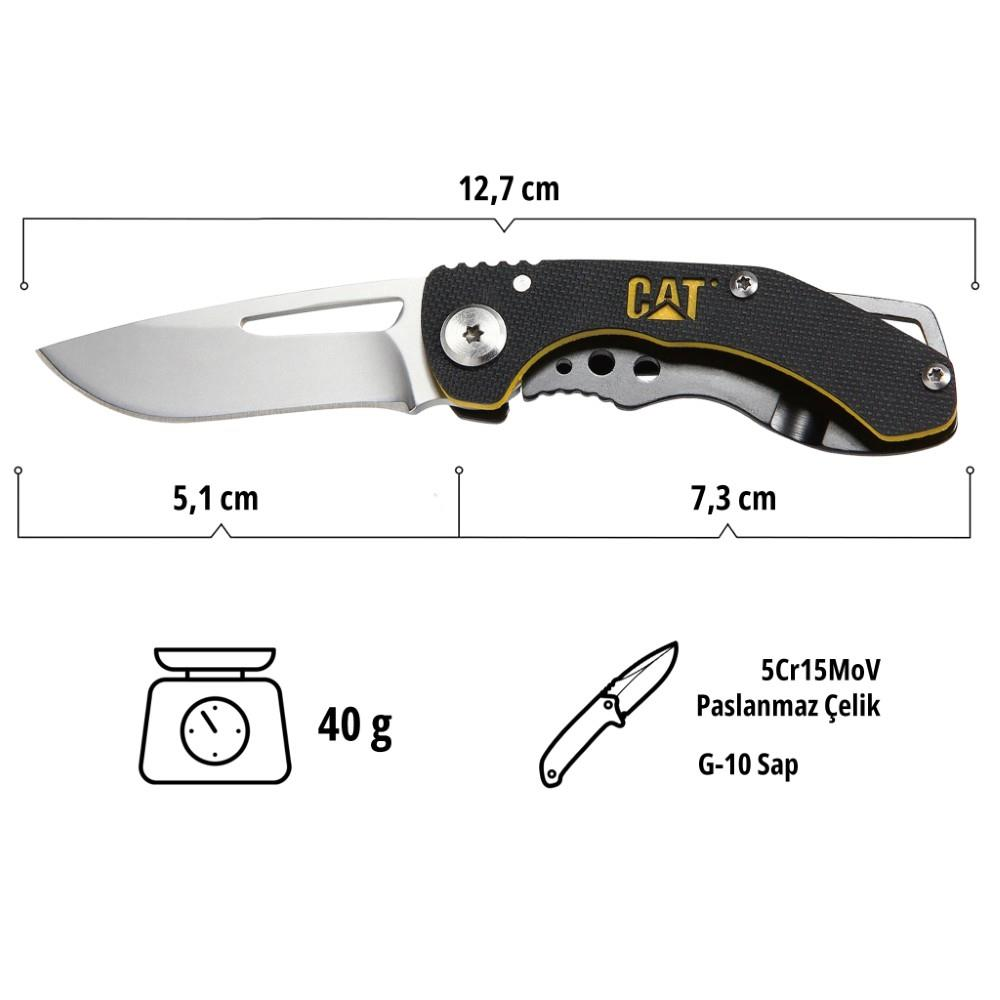 CAT logolu katlanır bıçak, 12,7 cm toplam uzunluk, 5,1 cm bıçak, 40g.