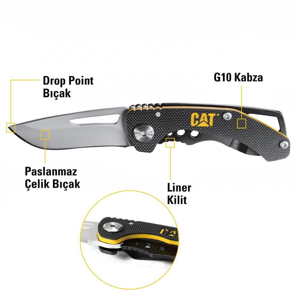 CAT marka drop point ağızlı ve G10 kabzalı çakı.