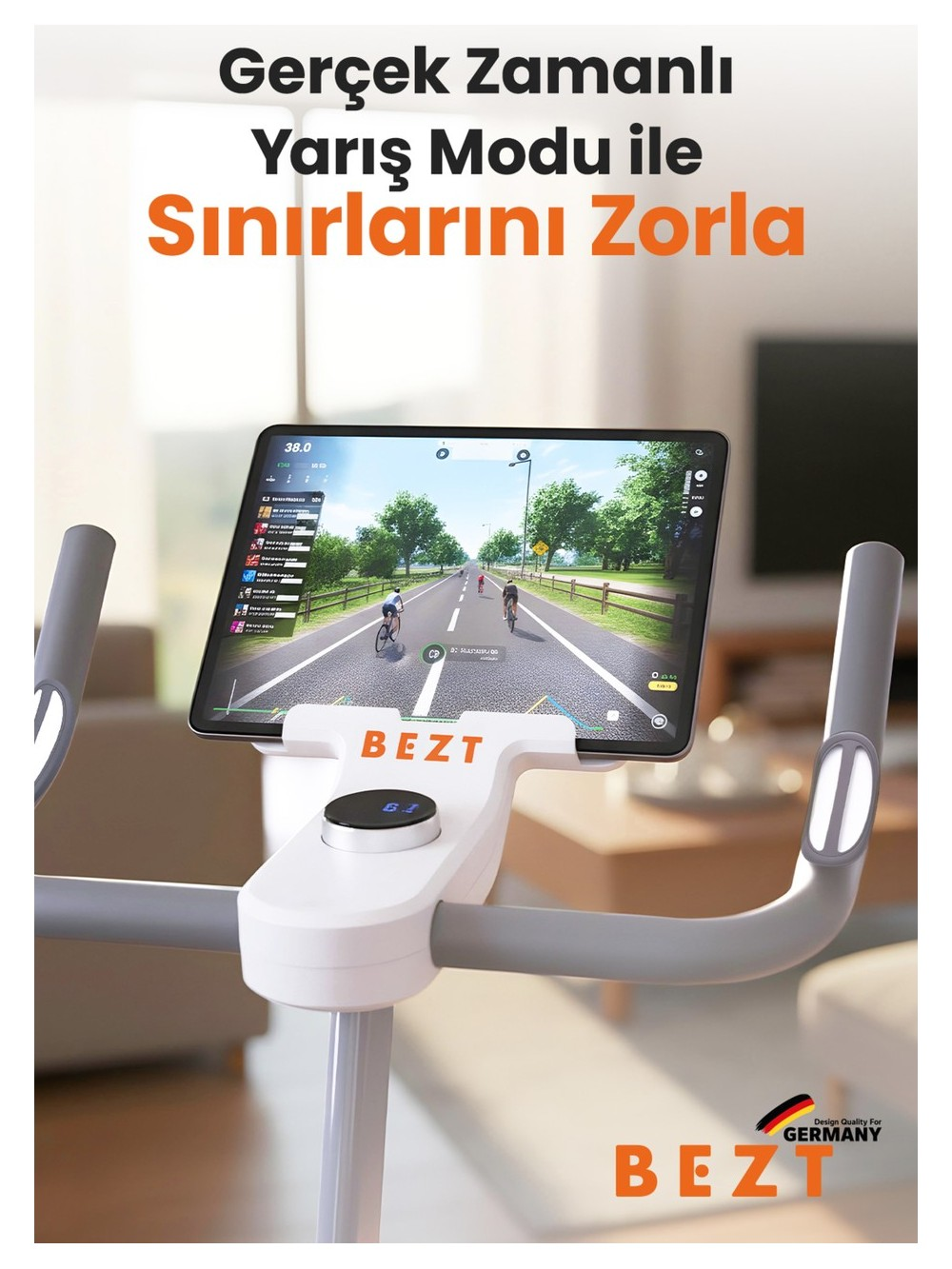 Sanal bir bisiklet yarışını gösteren tabletli sabit bisiklet.