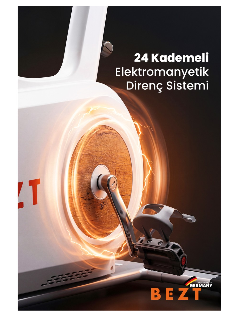 Tahta görünümlü volana ve elektrik deşarjlarına sahip beyaz egzersiz bisikletinin yakın çekimi.